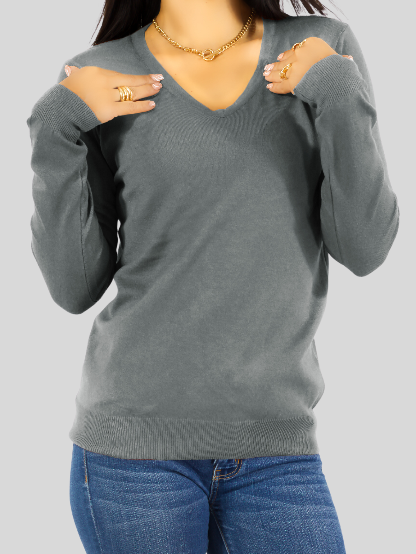 Foto 5 pulgar | Suéter Para Mujer De Manga Larga Con Cuello En V Unitalla Sweater Dama De Punto Suet-1003 Gris Casual Formal