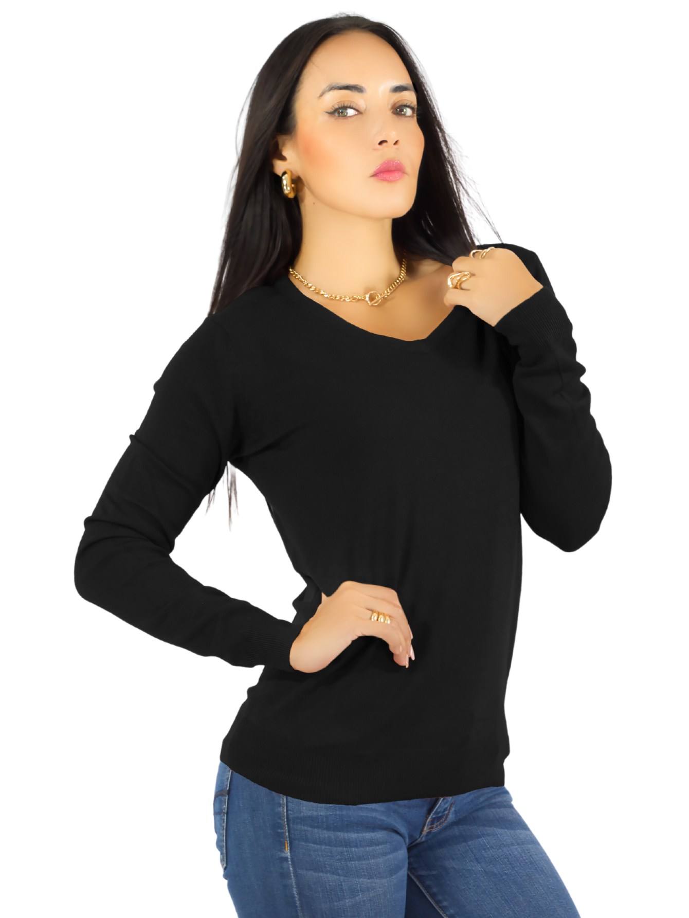 Suéter Para Mujer De Manga Larga Con Cuello En V Unitalla Sweater Dama De Punto Suet-1003 Negro Casual Formal