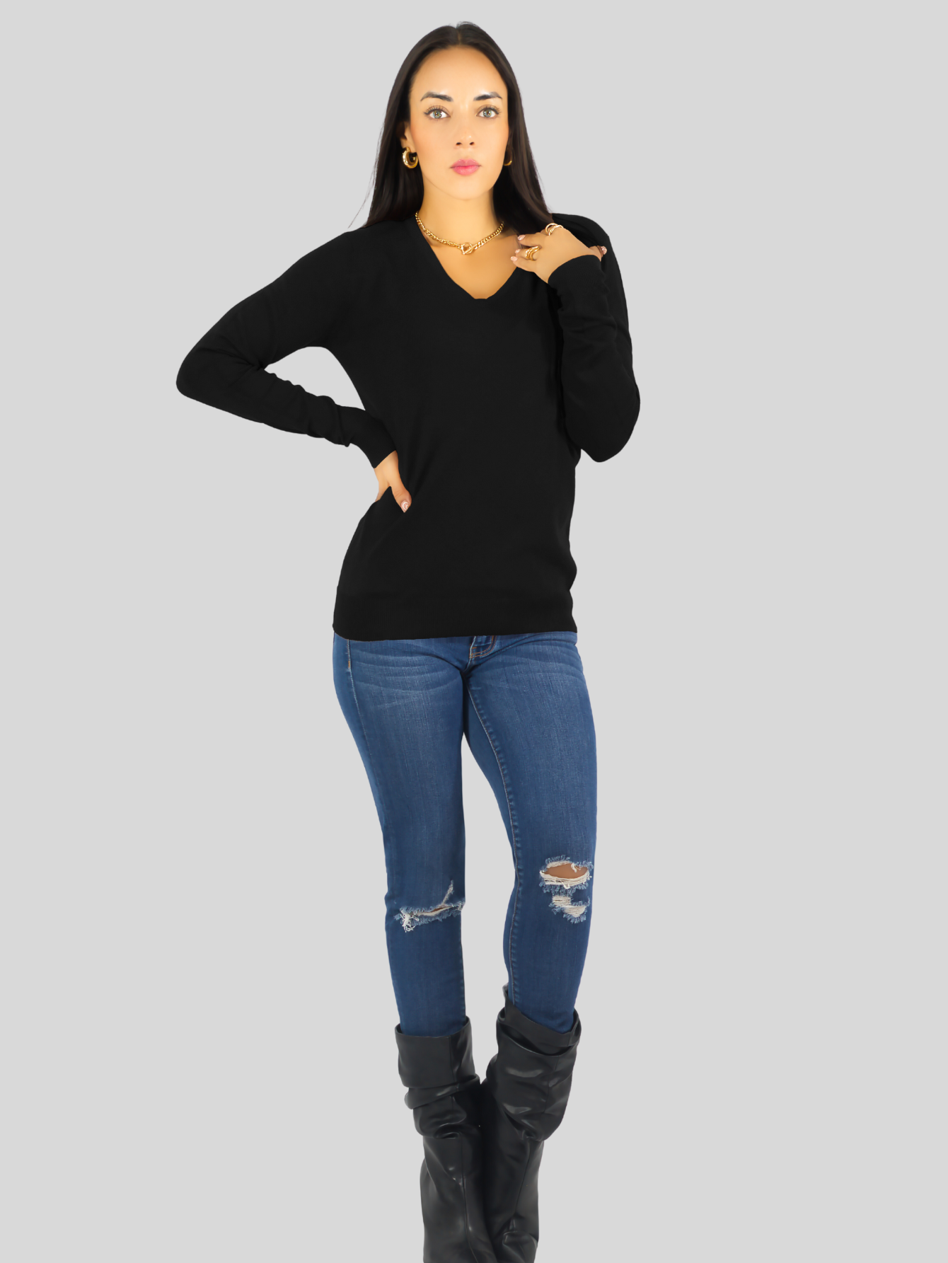 Foto 2 | Suéter Para Mujer De Manga Larga Con Cuello En V Unitalla Sweater Dama De Punto Suet-1003 Negro Casual Formal
