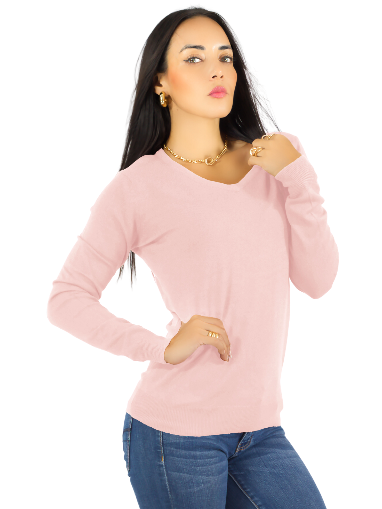 Suéter Para Mujer De Manga Larga Con Cuello En V Unitalla Sweater Dama De Punto Suet-1003 Rosa Claro Casual Formal