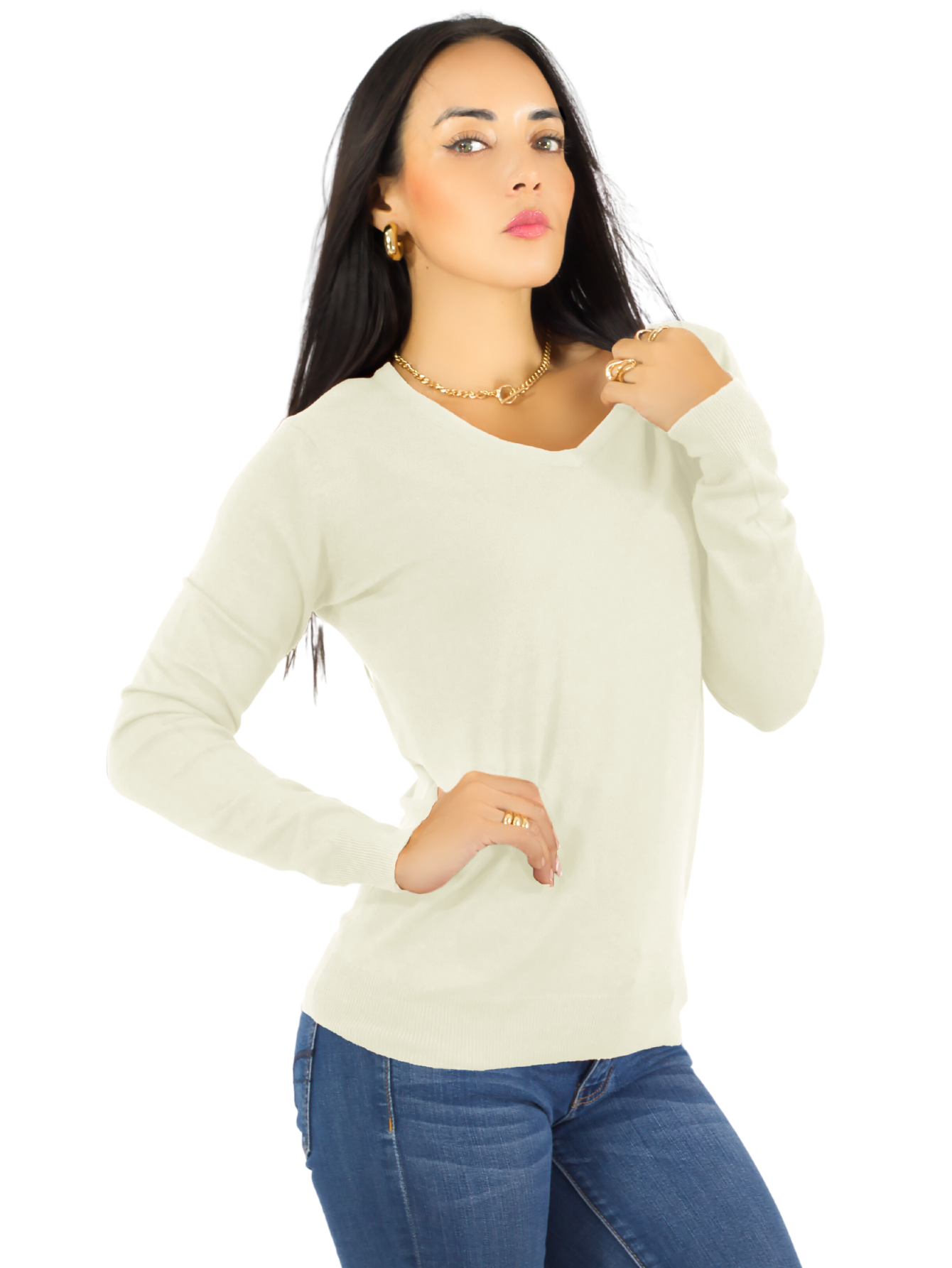 Foto 2 pulgar | Suéter Para Mujer De Manga Larga Con Cuello En V Unitalla Sweater Dama De Punto Suet-1003 Blanco Hueso Casual Formal
