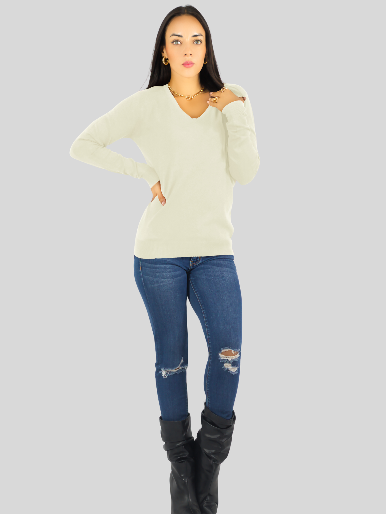 Foto 2 | Suéter Para Mujer De Manga Larga Con Cuello En V Unitalla Sweater Dama De Punto Suet-1003 Blanco Hueso Casual Formal