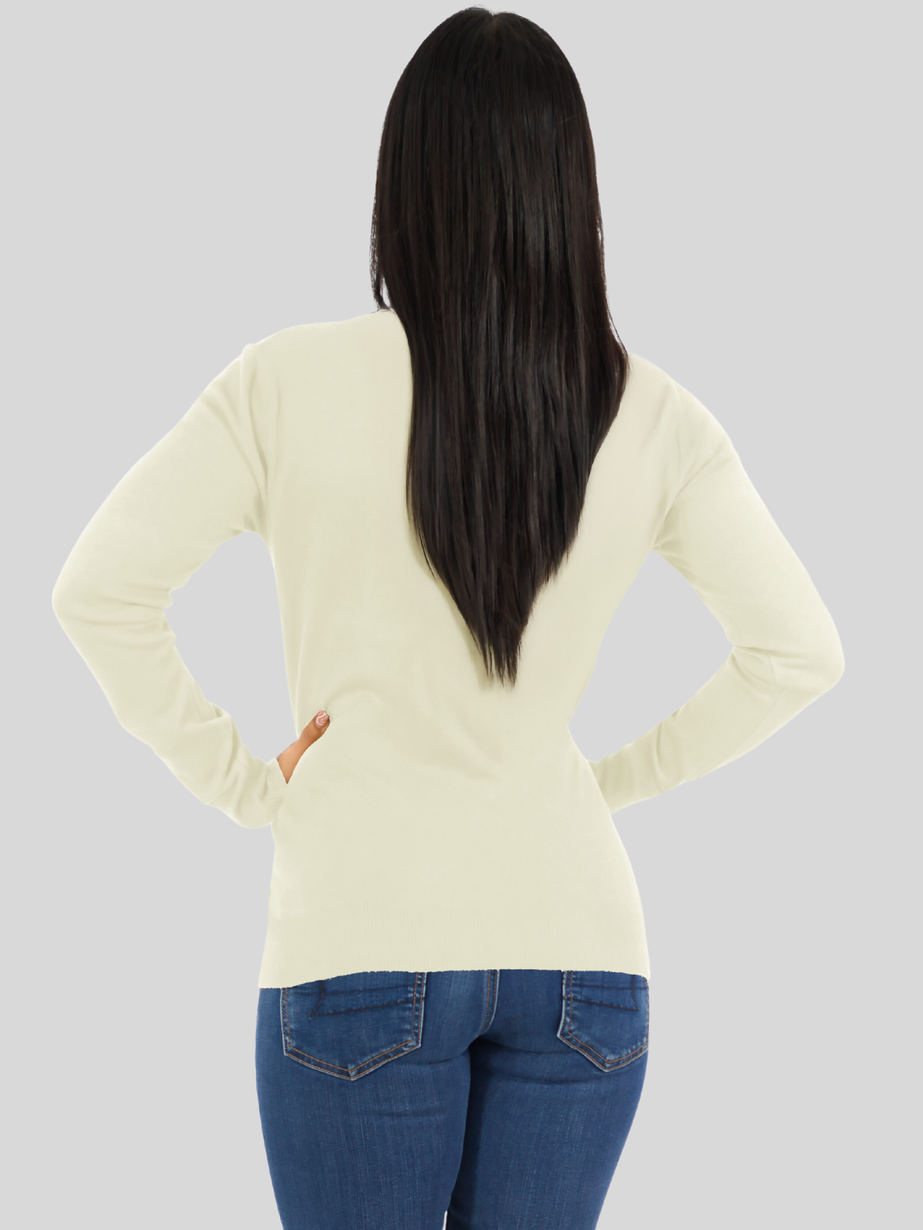 Foto 4 pulgar | Suéter Para Mujer De Manga Larga Con Cuello En V Unitalla Sweater Dama De Punto Suet-1003 Blanco Hueso Casual Formal