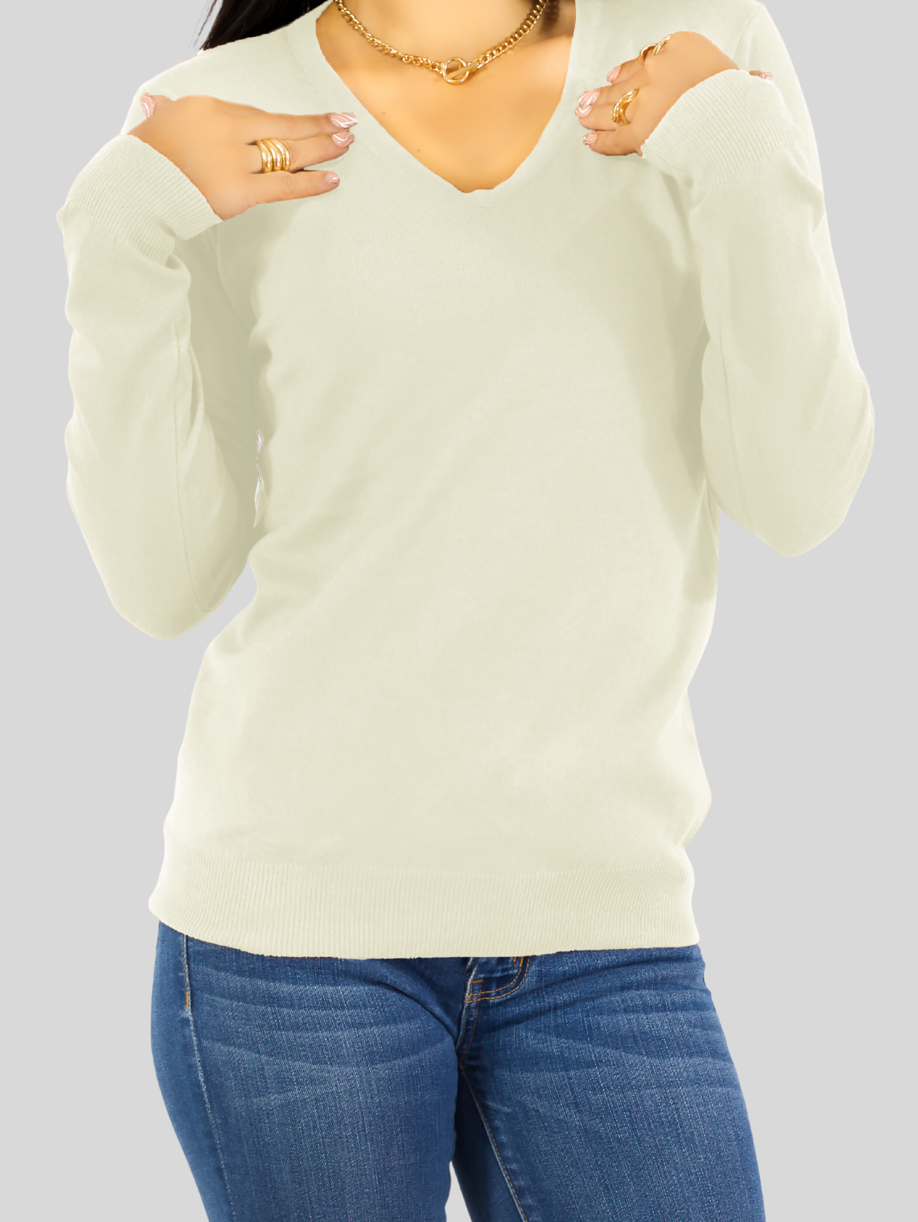 Foto 5 pulgar | Suéter Para Mujer De Manga Larga Con Cuello En V Unitalla Sweater Dama De Punto Suet-1003 Blanco Hueso Casual Formal