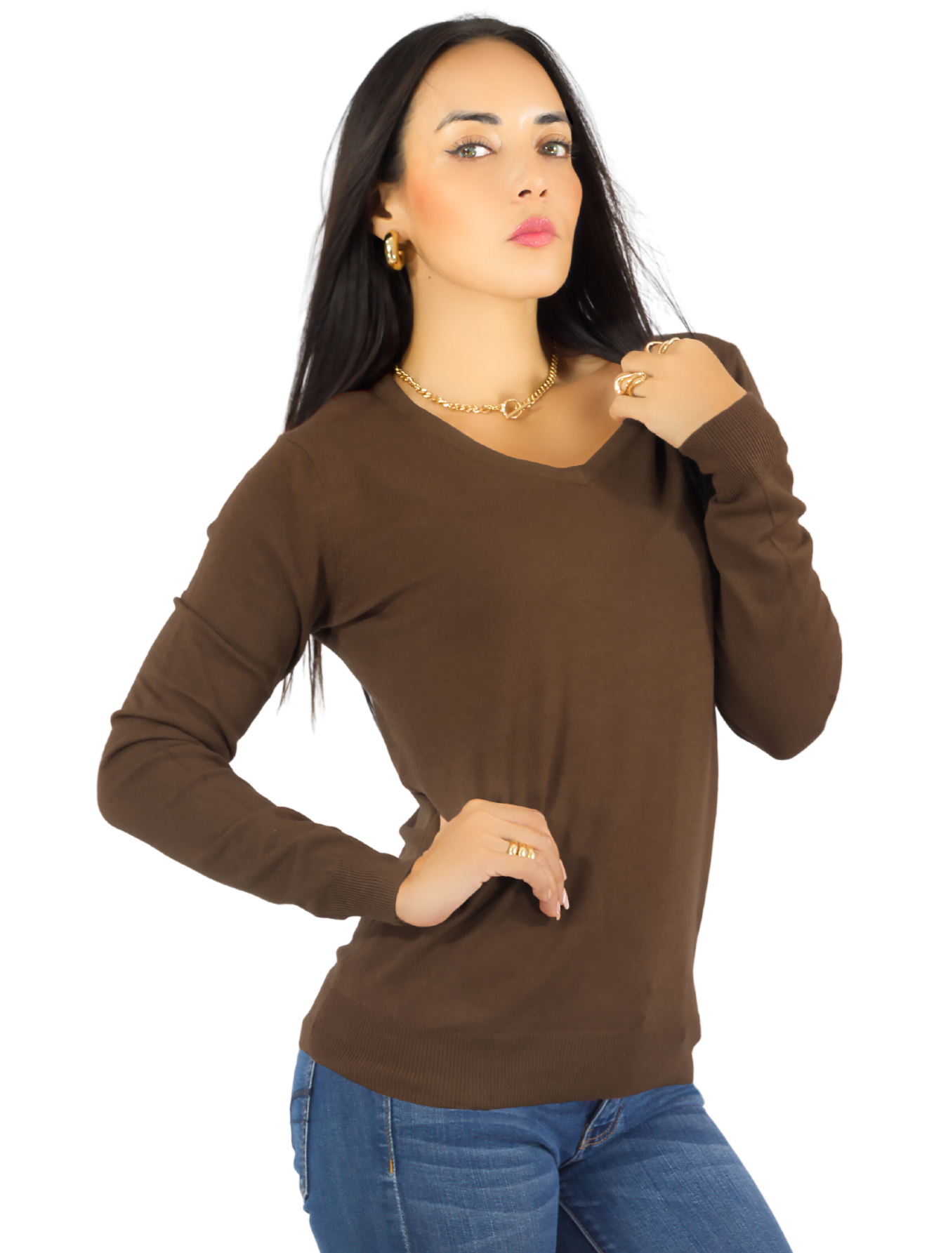 Foto 1 | Suéter Para Mujer De Manga Larga Con Cuello En V Unitalla Sweater Dama De Punto Suet-1003 Café Oscuro Casual Formal