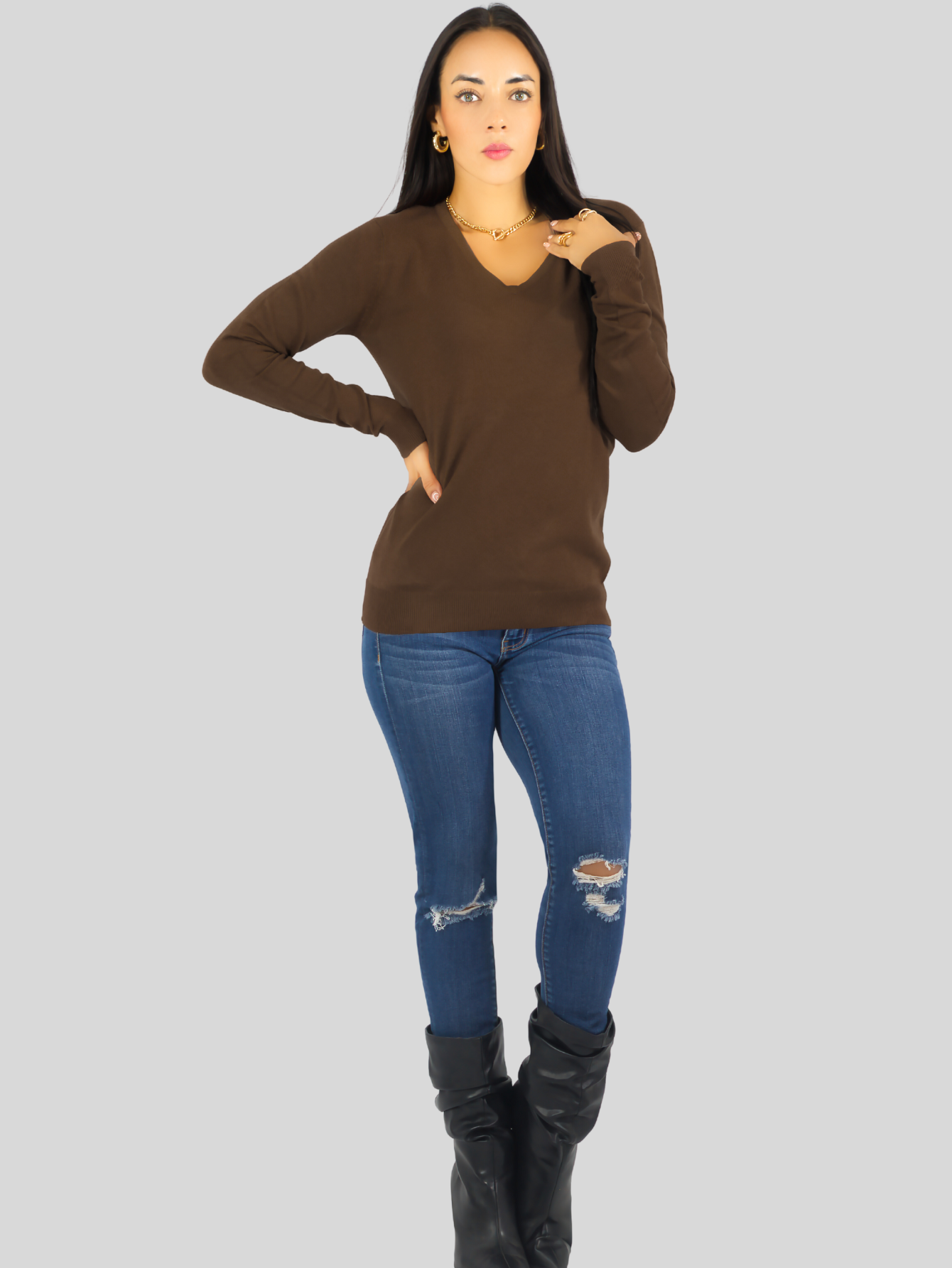 Foto 3 pulgar | Suéter Para Mujer De Manga Larga Con Cuello En V Unitalla Sweater Dama De Punto Suet-1003 Café Oscuro Casual Formal