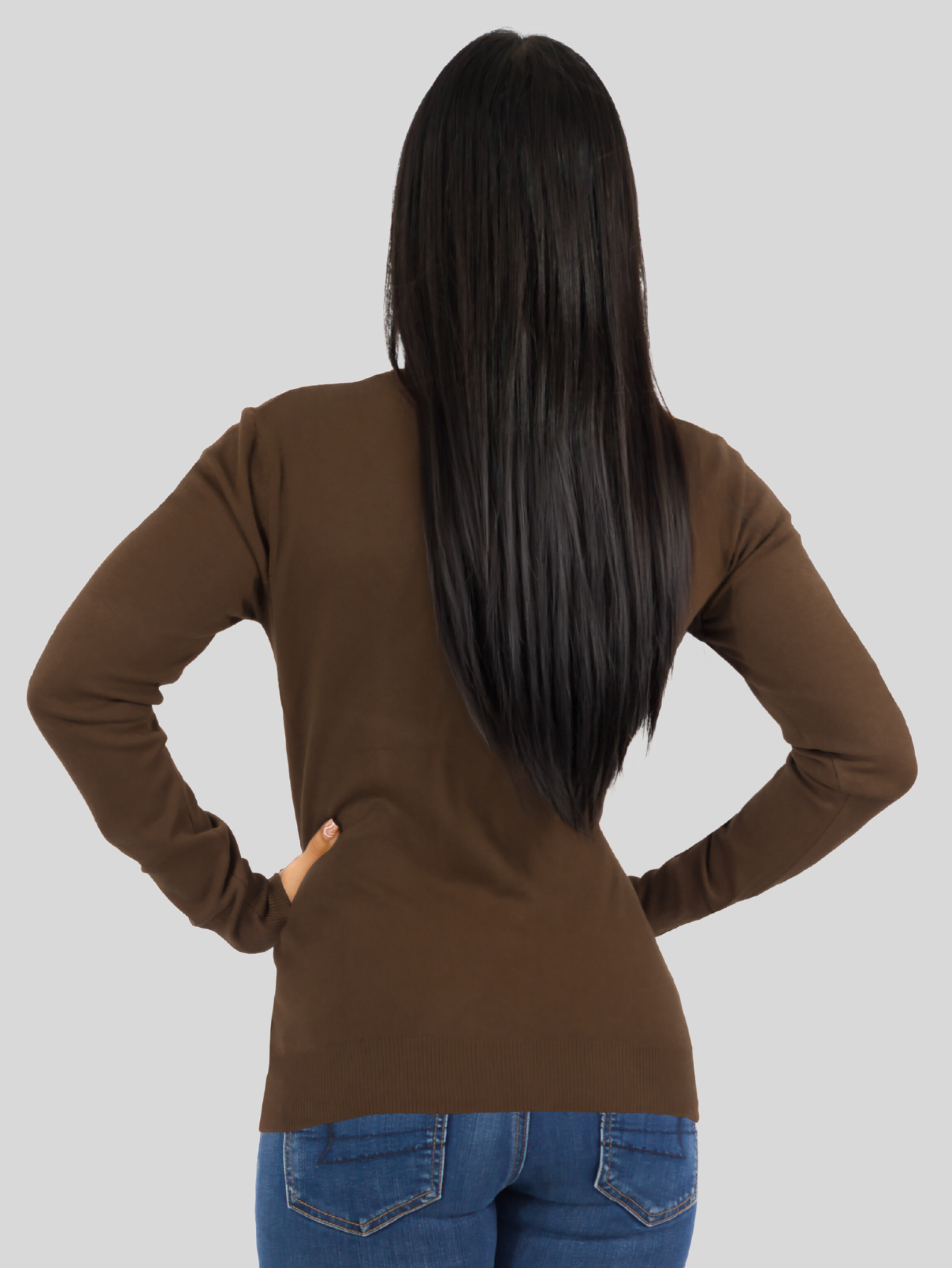 Foto 4 pulgar | Suéter Para Mujer De Manga Larga Con Cuello En V Unitalla Sweater Dama De Punto Suet-1003 Café Oscuro Casual Formal