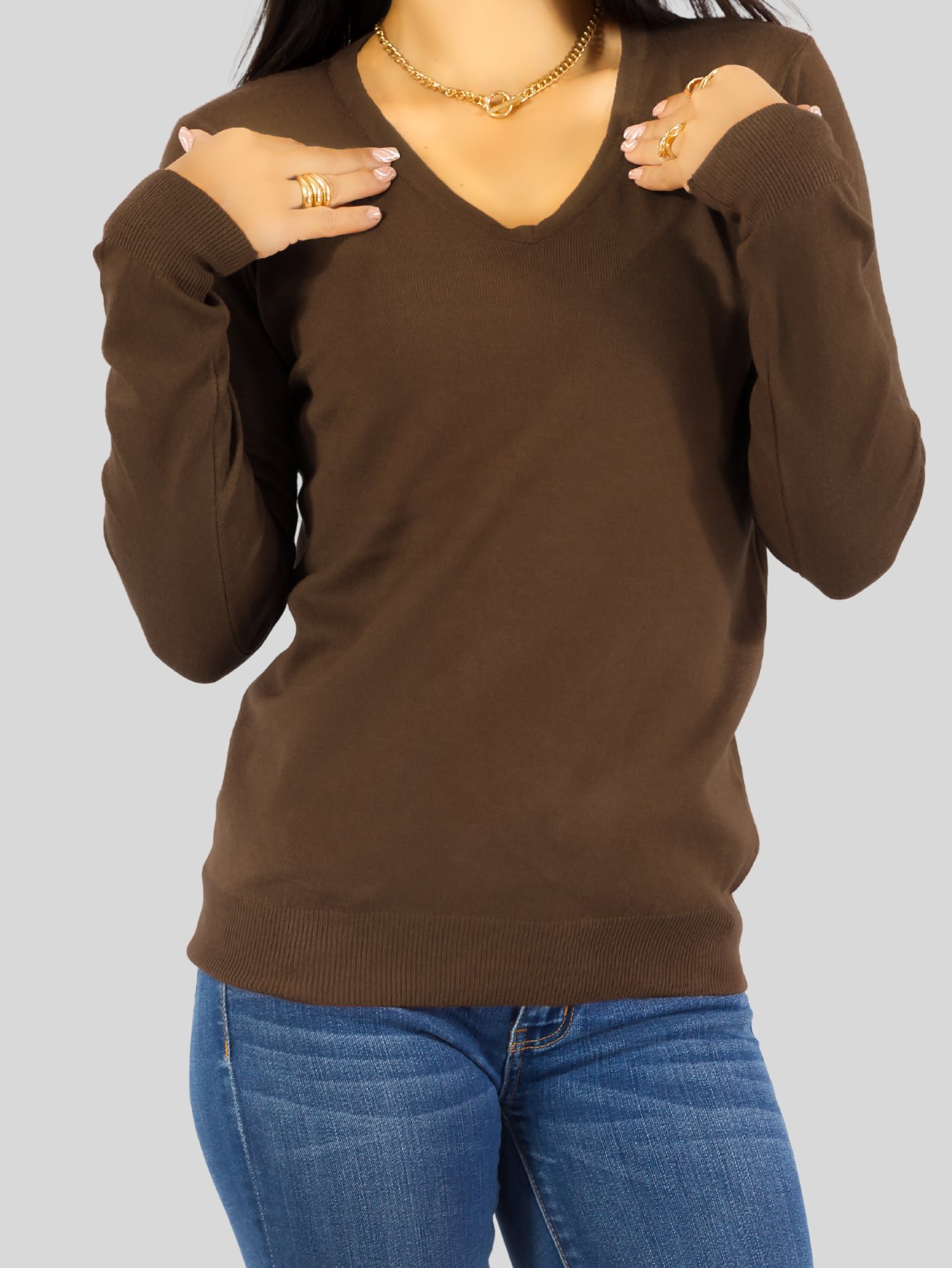 Foto 5 pulgar | Suéter Para Mujer De Manga Larga Con Cuello En V Unitalla Sweater Dama De Punto Suet-1003 Café Oscuro Casual Formal