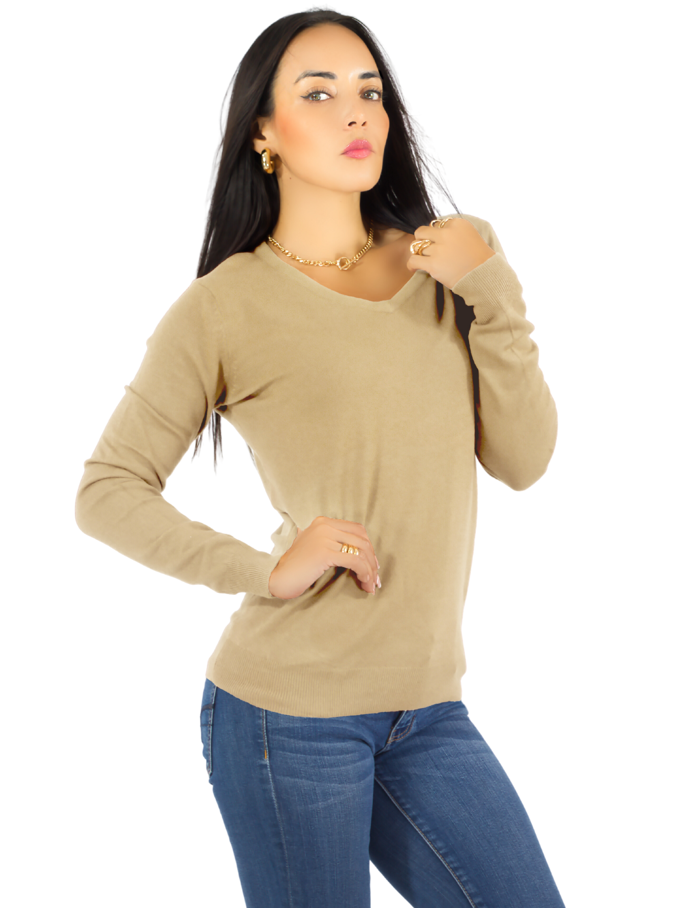 Foto 2 pulgar | Suéter Para Mujer De Manga Larga Con Cuello En V Unitalla Sweater Dama De Punto Suet-1003 Cafe Casual Formal
