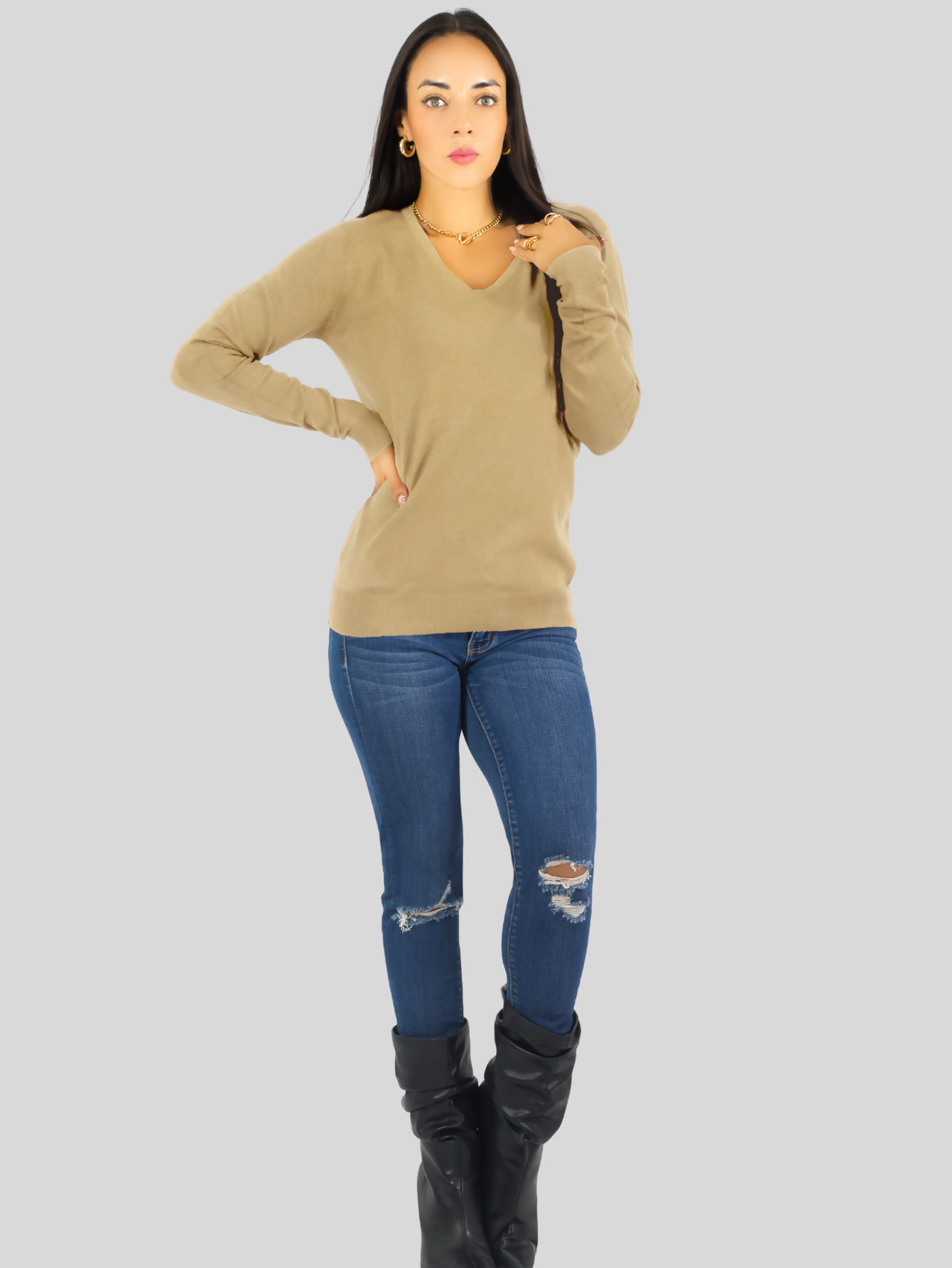 Foto 3 pulgar | Suéter Para Mujer De Manga Larga Con Cuello En V Unitalla Sweater Dama De Punto Suet-1003 Cafe Casual Formal