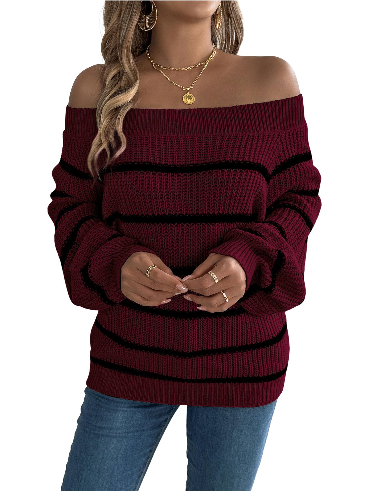 Foto 2 pulgar | Jersey Zaful Tejido Con Hombros Descubiertos Y Manga Larga, Color Rojo Vino, Para Mujer - Venta Internacional.