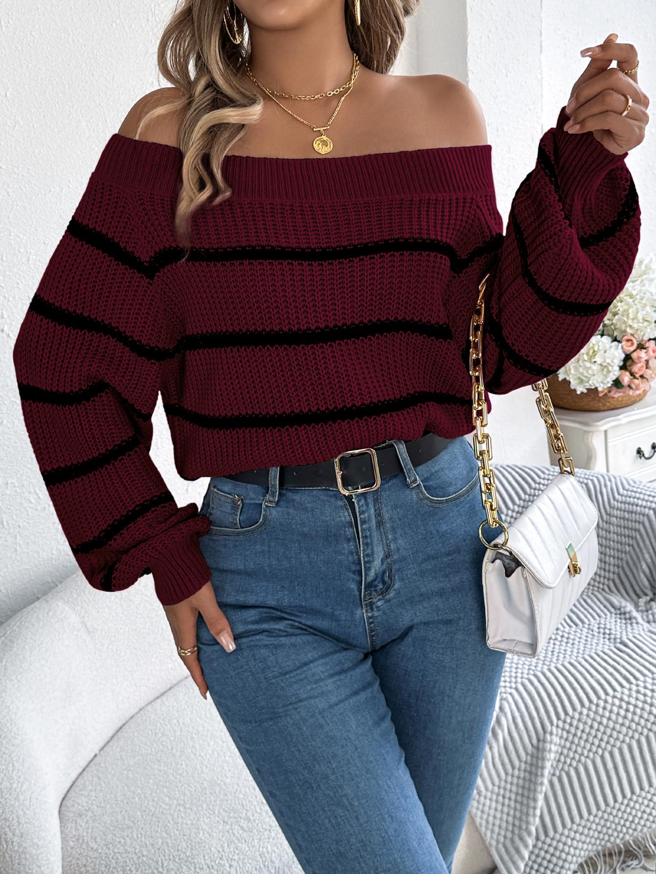 Foto 4 | Jersey Zaful Tejido Con Hombros Descubiertos Y Manga Larga, Color Rojo Vino, Para Mujer - Venta Internacional.