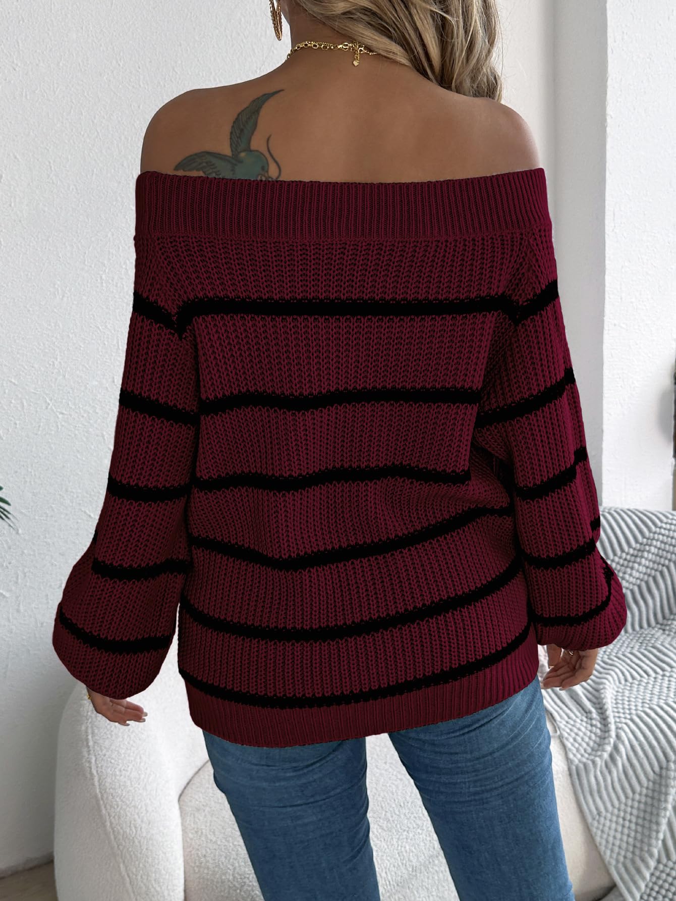 Foto 6 pulgar | Jersey Zaful Tejido Con Hombros Descubiertos Y Manga Larga, Color Rojo Vino, Para Mujer - Venta Internacional.