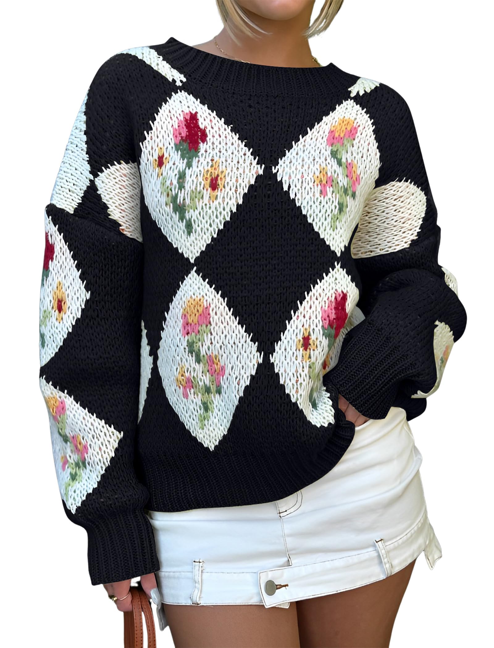Foto 2 pulgar | Jersey Zaful De Punto Grueso Floral Con Cuello Redondo Y Manga Larga Para Mujer - Venta Internacional.