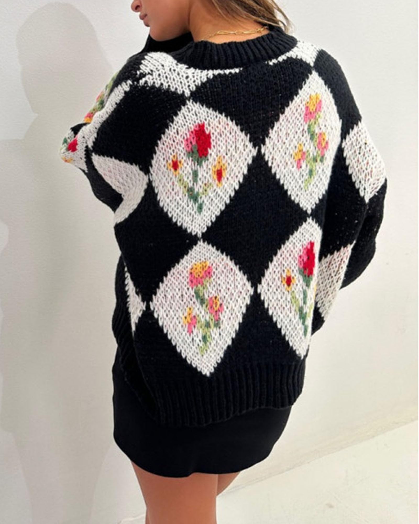 Foto 7 pulgar | Jersey Zaful De Punto Grueso Floral Con Cuello Redondo Y Manga Larga Para Mujer - Venta Internacional.