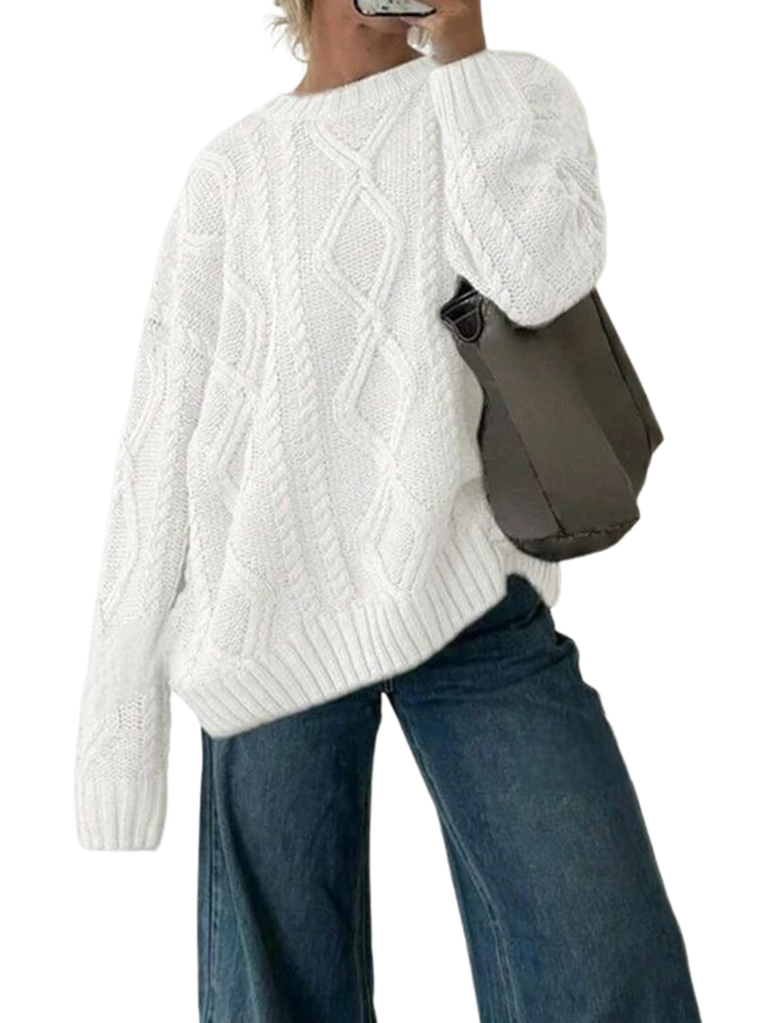 Foto 1 | Jersey Zaful Cable Knit para Mujer Cuello Redondo Blanco - Venta Internacional