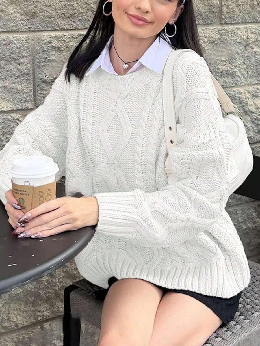 Foto 3 | Jersey Zaful Cable Knit para Mujer Cuello Redondo Blanco - Venta Internacional