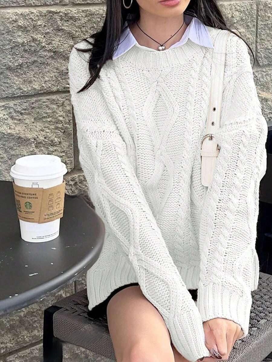 Foto 4 | Jersey Zaful Cable Knit para Mujer Cuello Redondo Blanco - Venta Internacional