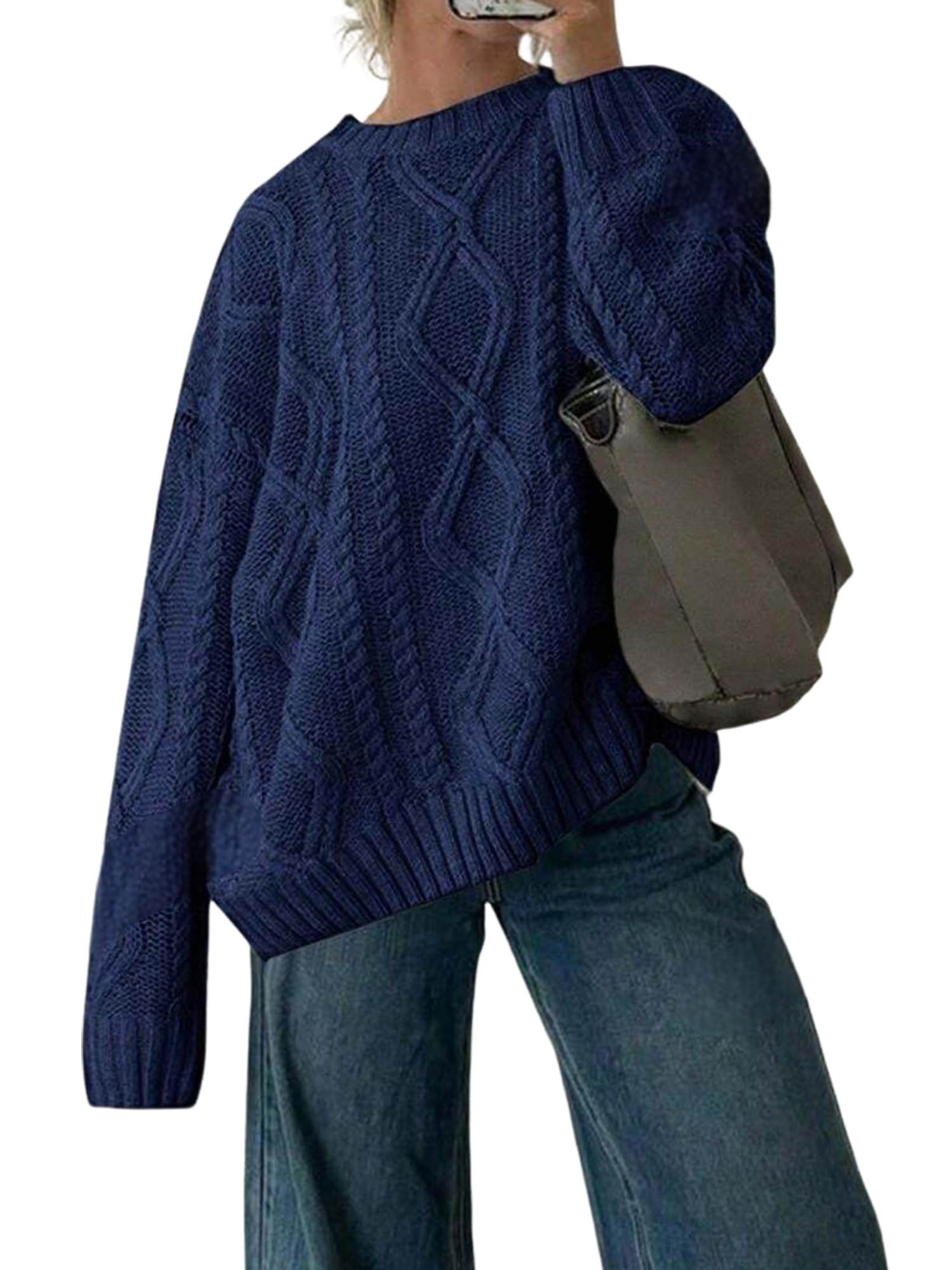 Foto 2 pulgar | Jersey Zaful Cable Knit Para Mujer Cuello Redondo Azul Marino L - Venta Internacional.