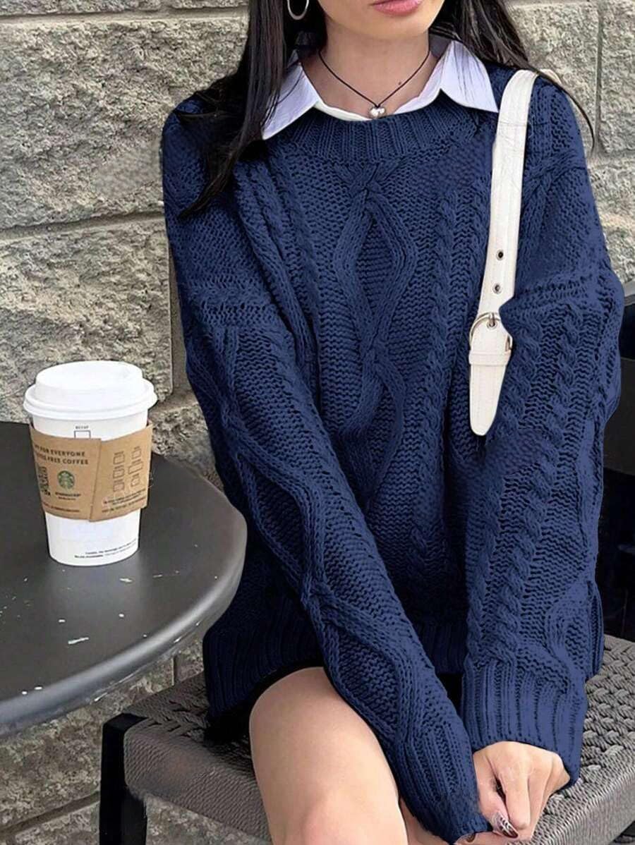 Foto 4 pulgar | Jersey Zaful Cable Knit Para Mujer Cuello Redondo Azul Marino L - Venta Internacional.
