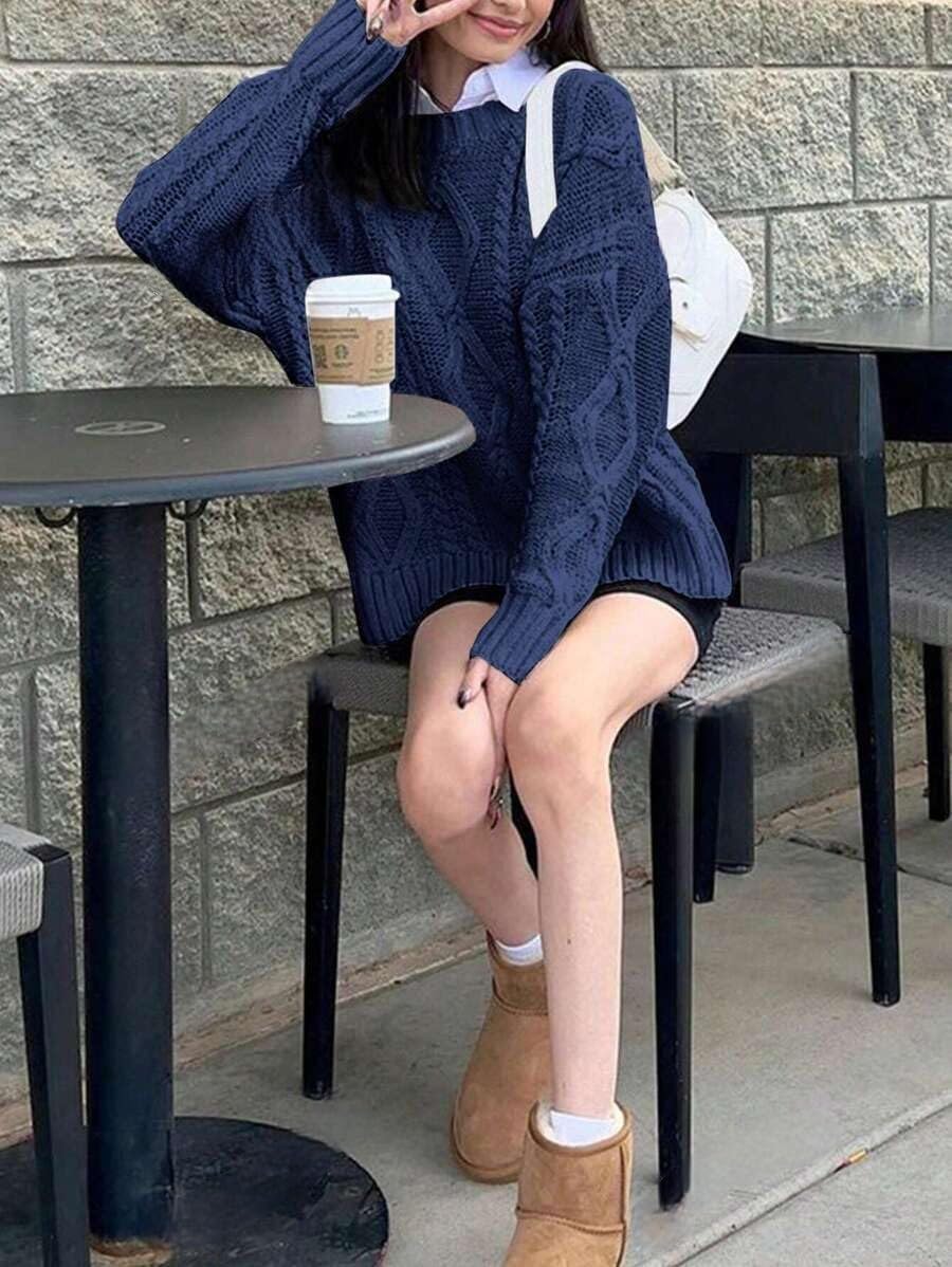 Foto 5 pulgar | Jersey Zaful Cable Knit Para Mujer Cuello Redondo Azul Marino L - Venta Internacional.