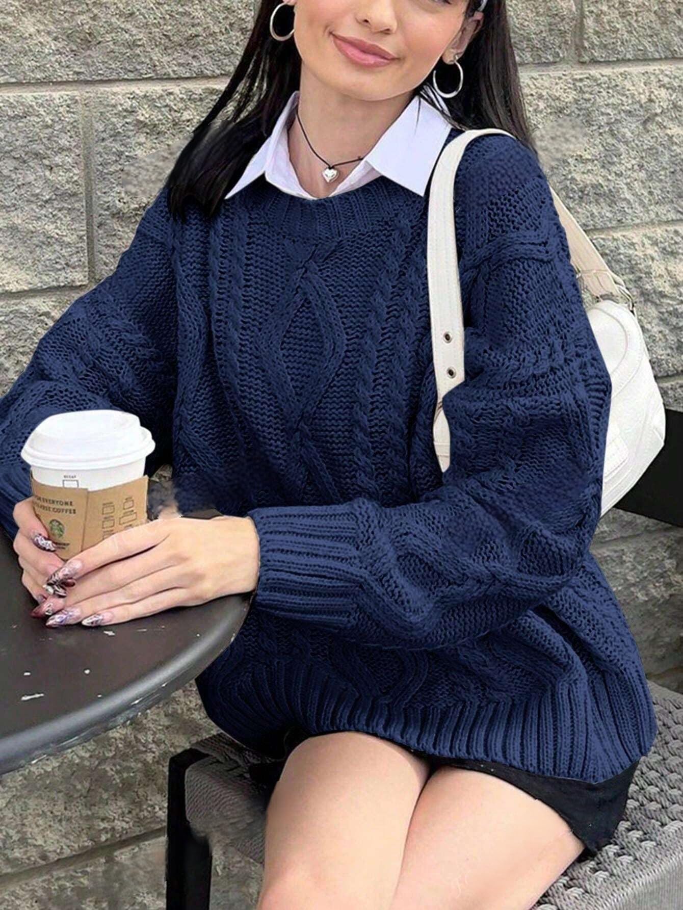 Foto 6 pulgar | Jersey Zaful Cable Knit Para Mujer Cuello Redondo Azul Marino L - Venta Internacional.