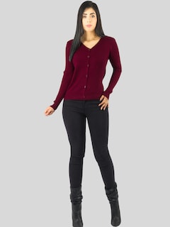 Foto 2 | Suéter Para Mujer De Manga Larga Con Botones A Juego Sweater Dama De Punto Abrigo Suéteres Suet-1043 Vino Jersey Ligero