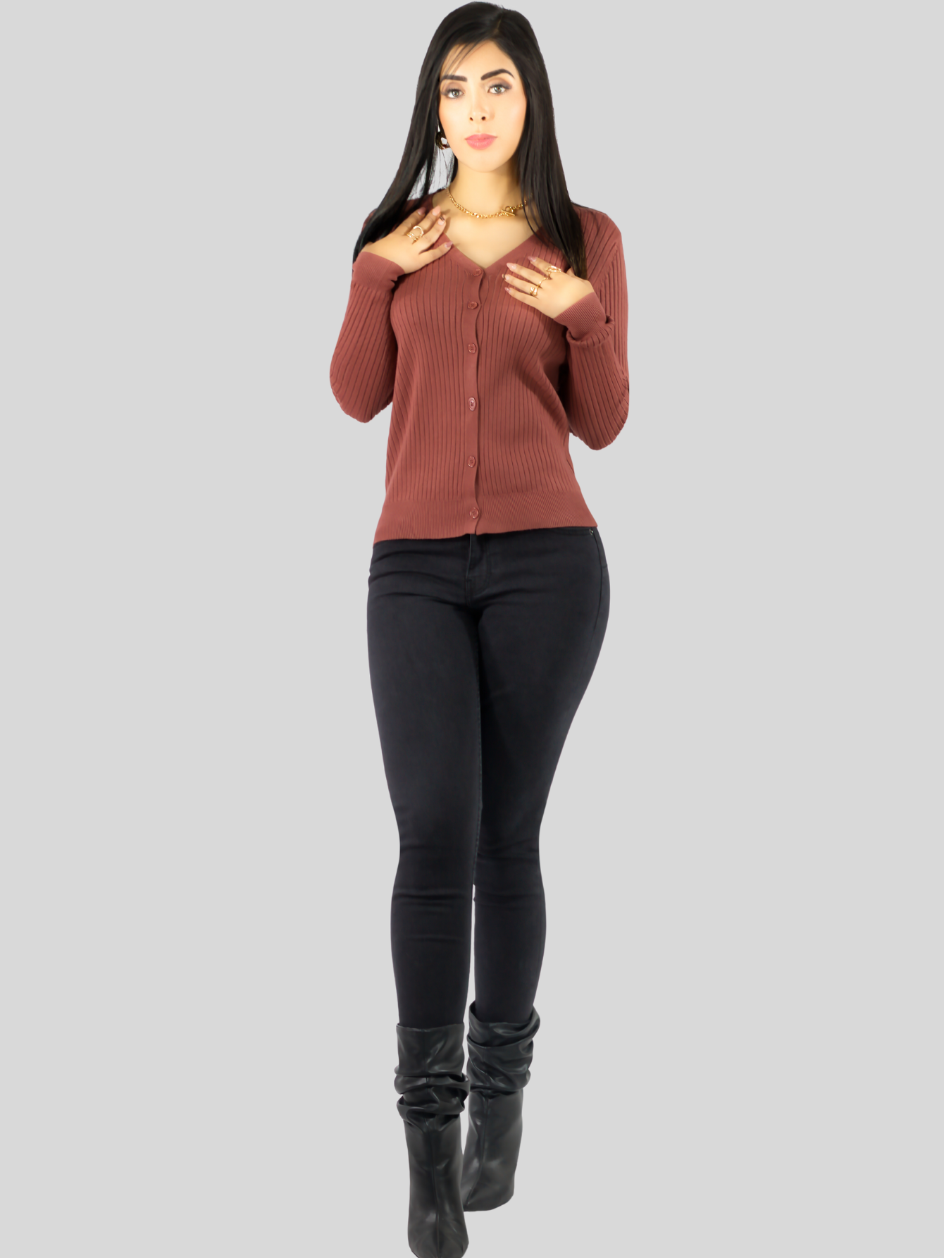 Foto 3 pulgar | Suéter Para Mujer De Manga Larga Con Botones A Juego Sweater Dama De Punto Abrigo Suéteres Suet-1043 Coral Oscu