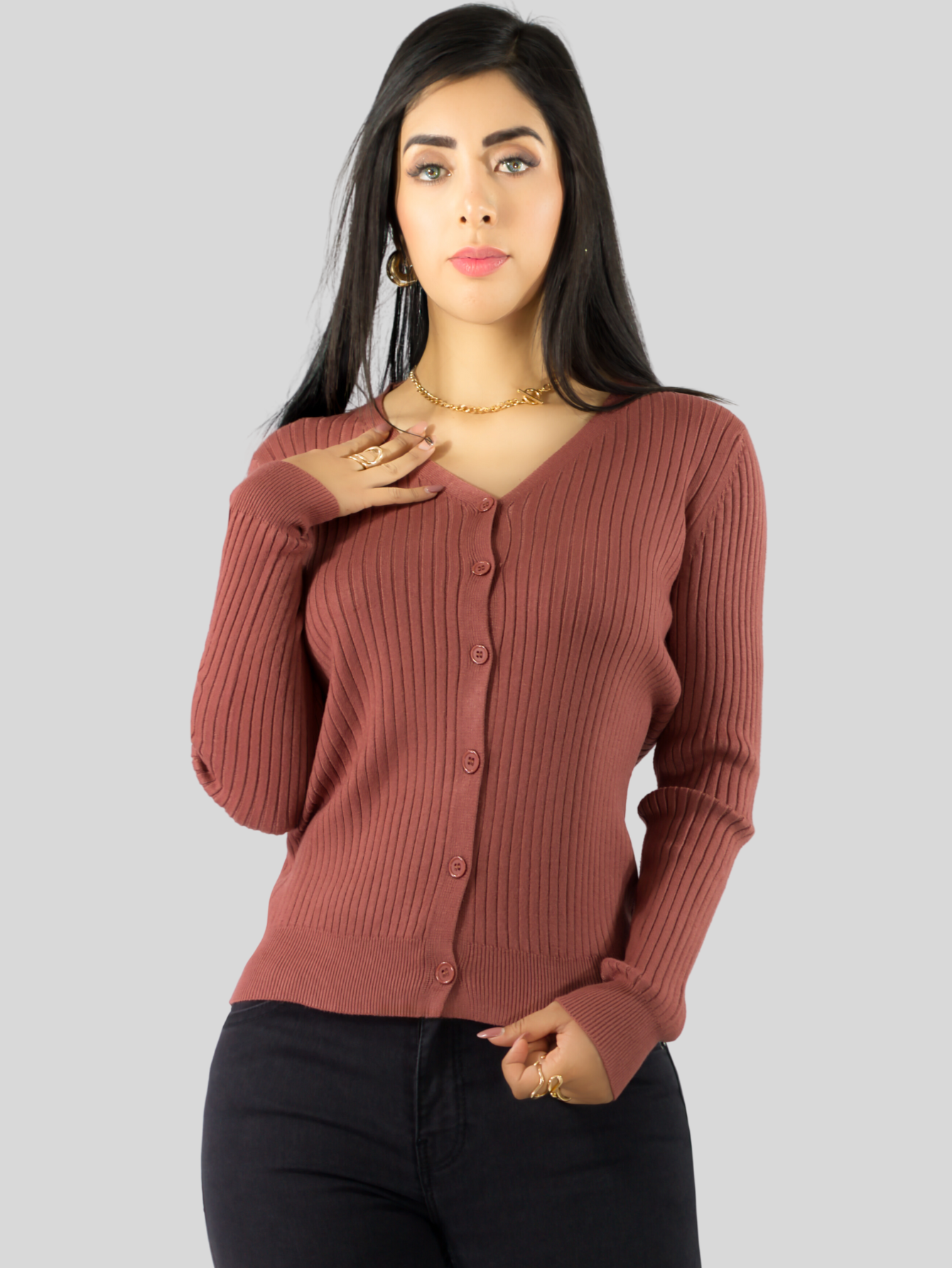 Foto 5 pulgar | Suéter Para Mujer De Manga Larga Con Botones A Juego Sweater Dama De Punto Abrigo Suéteres Suet-1043 Coral Oscu