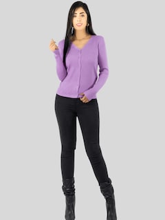 Foto 2 | Suéter Para Mujer De Manga Larga Con Botones A Juego Sweater Dama De Punto Abrigo Suéteres Suet-1043 Lila Jersey Ligero