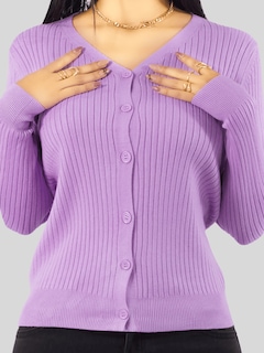 Foto 5 | Suéter Para Mujer De Manga Larga Con Botones A Juego Sweater Dama De Punto Abrigo Suéteres Suet-1043 Lila Jersey Ligero