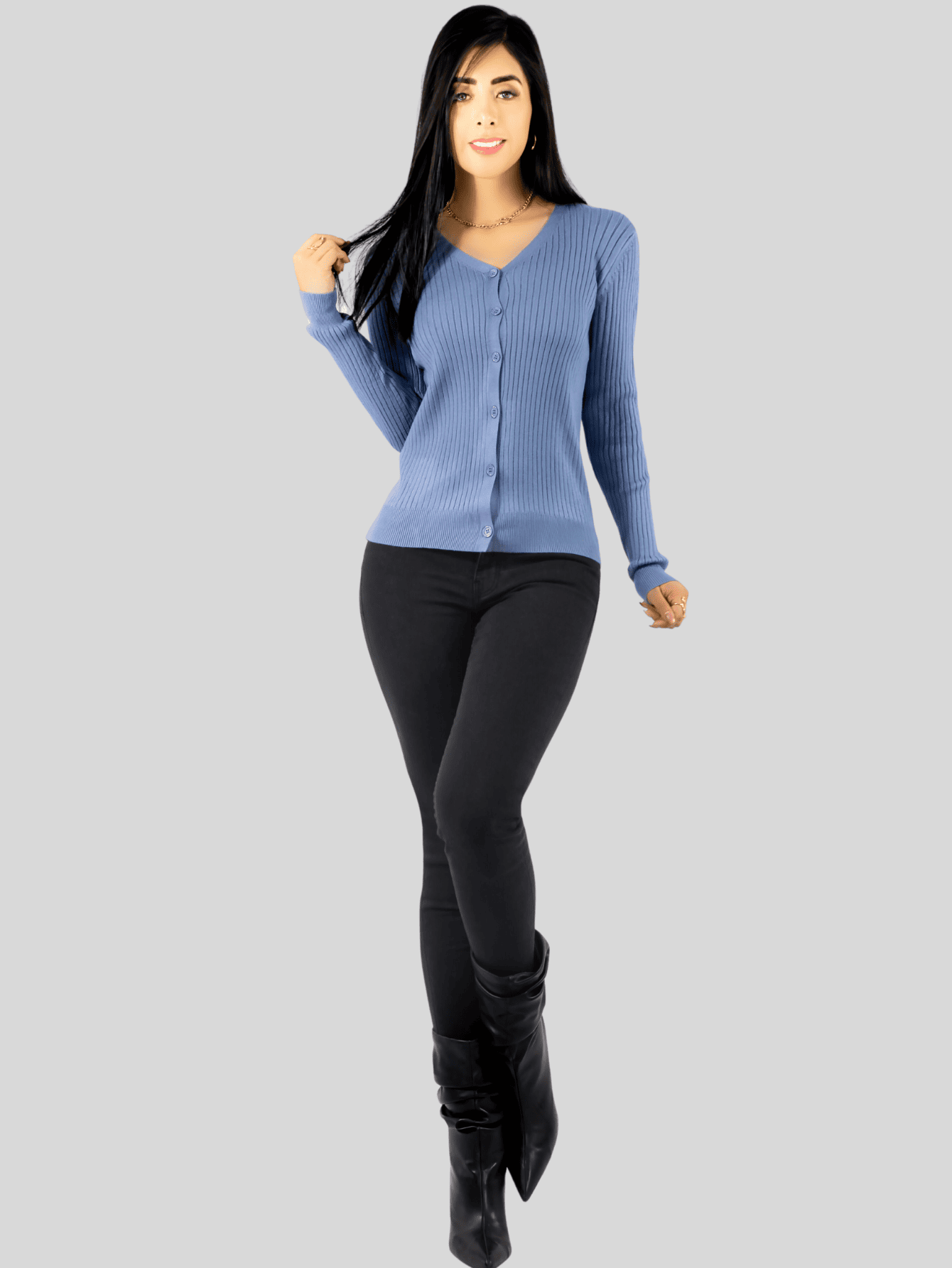 Foto 2 | Suéter Para Mujer De Manga Larga Con Botones A Juego Sweater Dama De Punto Abrigo Suéteres Suet-1043 Gris Claro J