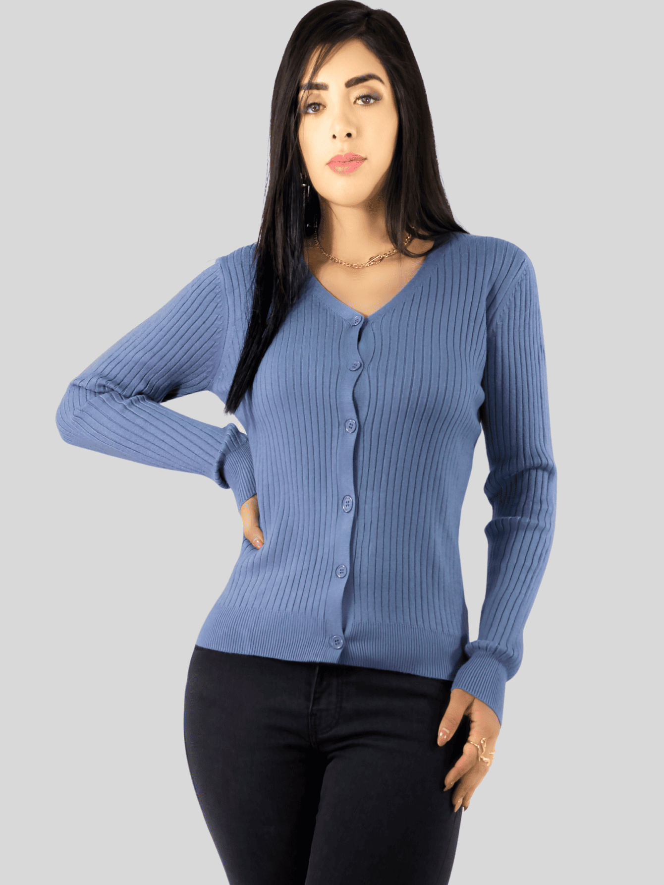 Foto 5 pulgar | Suéter Para Mujer De Manga Larga Con Botones A Juego Sweater Dama De Punto Abrigo Suéteres Suet-1043 Gris Claro J