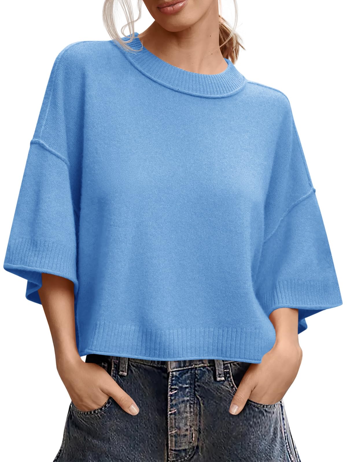 Jersey De Manga Corta Saodimallsu De Punto Azul De Verano Para Mujer - Venta Internacional.
