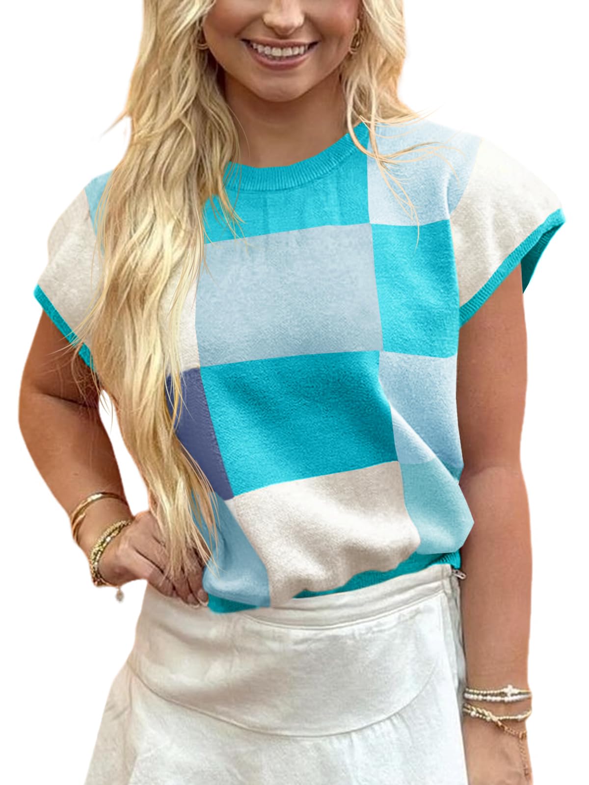 Foto 3 pulgar | Sudadera Saodimallsu De Manga Corta Para Mujer, Color Azul Bloque - Venta Internacional.