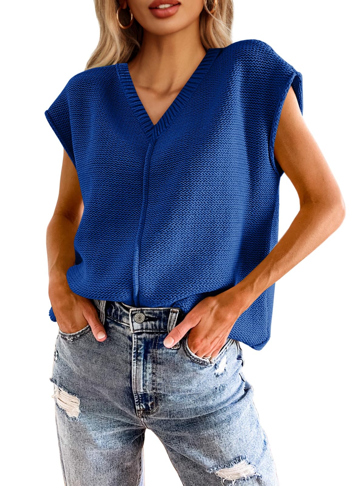 Foto 2 pulgar | Sudadera Saodimallsu De Verano Con Manga Corta Y Cuello En V, Azul Marino, Para Mujer - Venta Internacional.