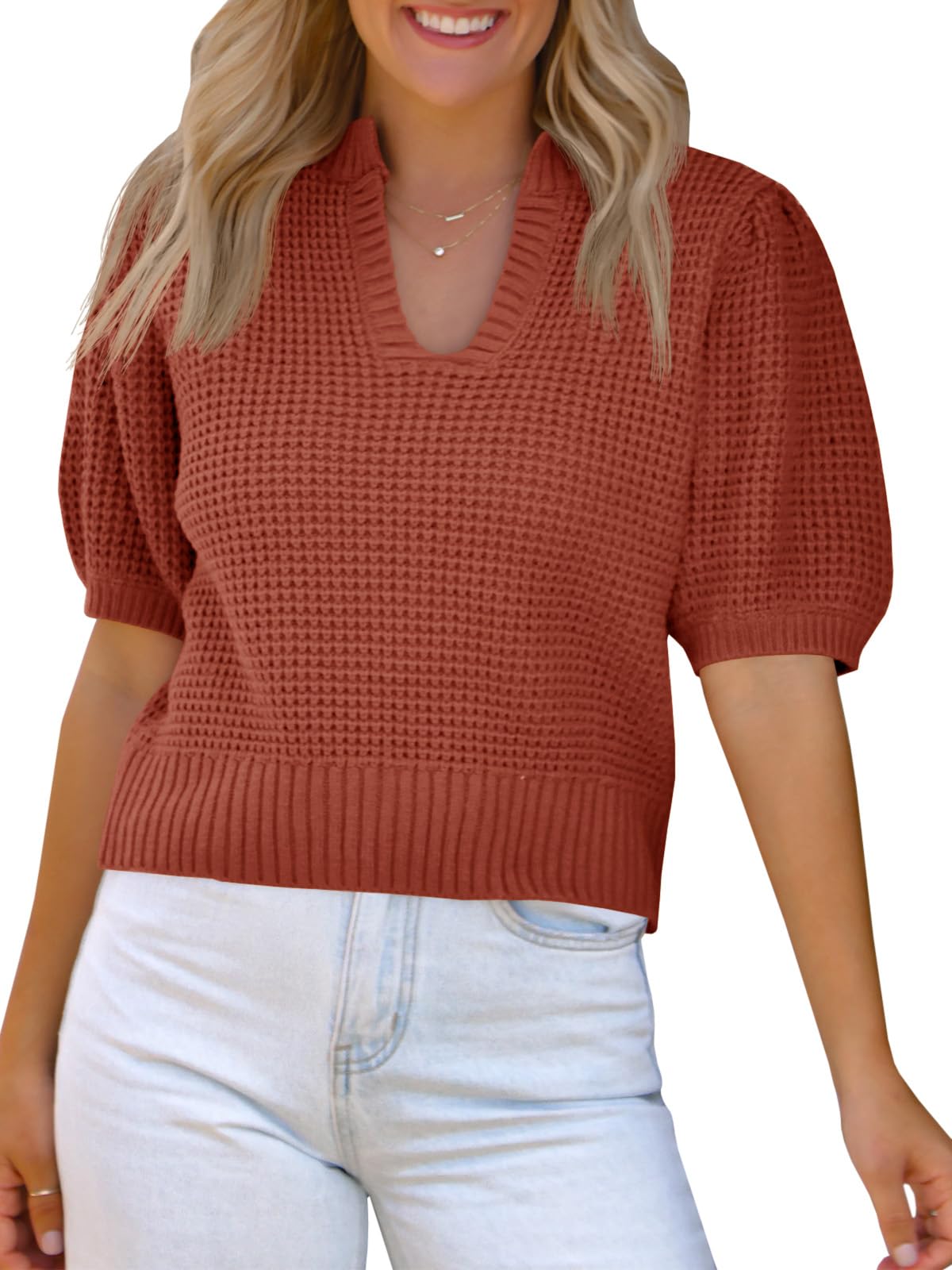 Jersey Saodimallsu Puff, Manga Corta, Punto Gofrado, Cuello En V - Venta Internacional.