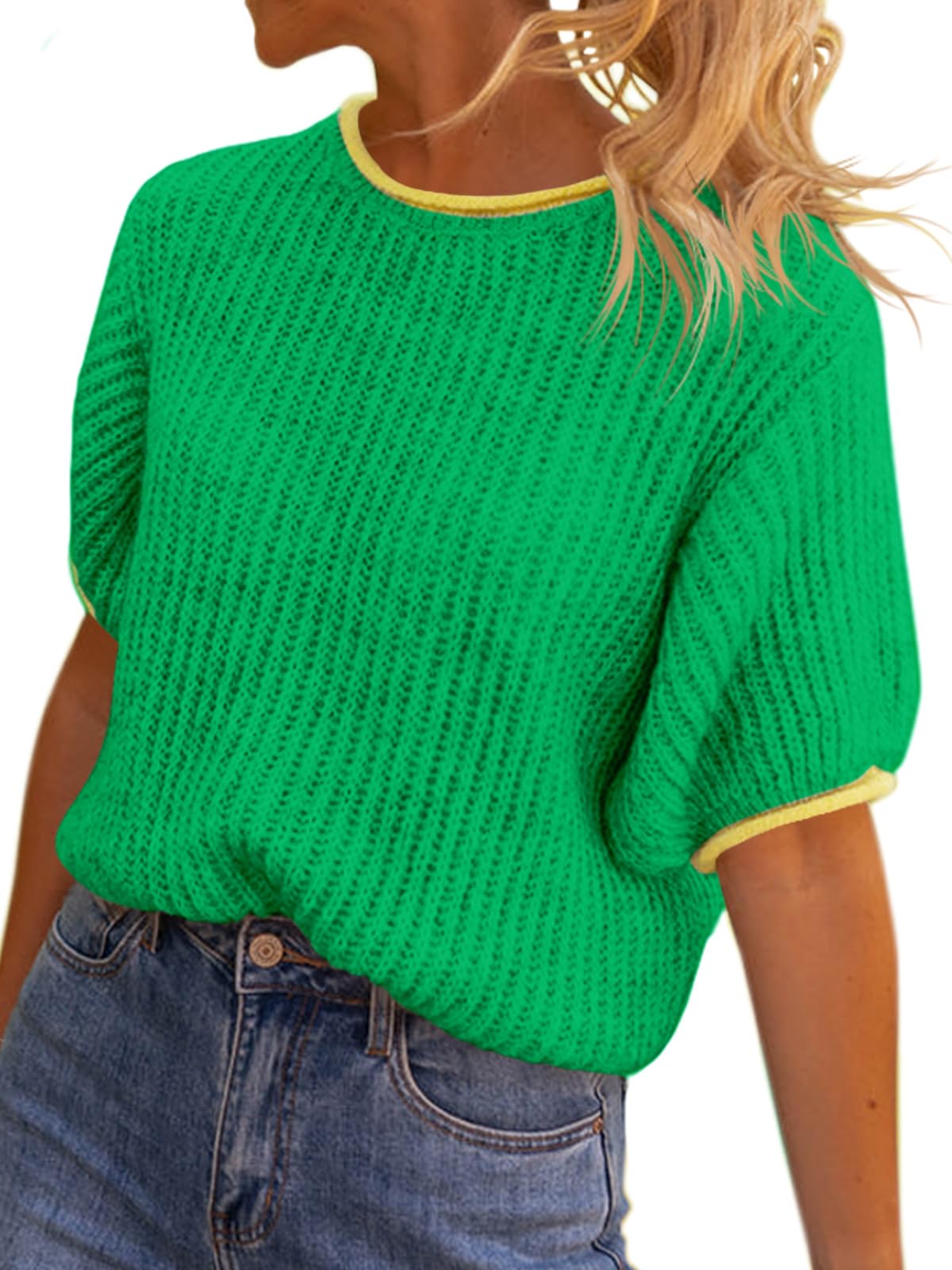 Jersey Saodimallsu Puff De Manga Corta Para Mujer, Color Verde - Venta Internacional.