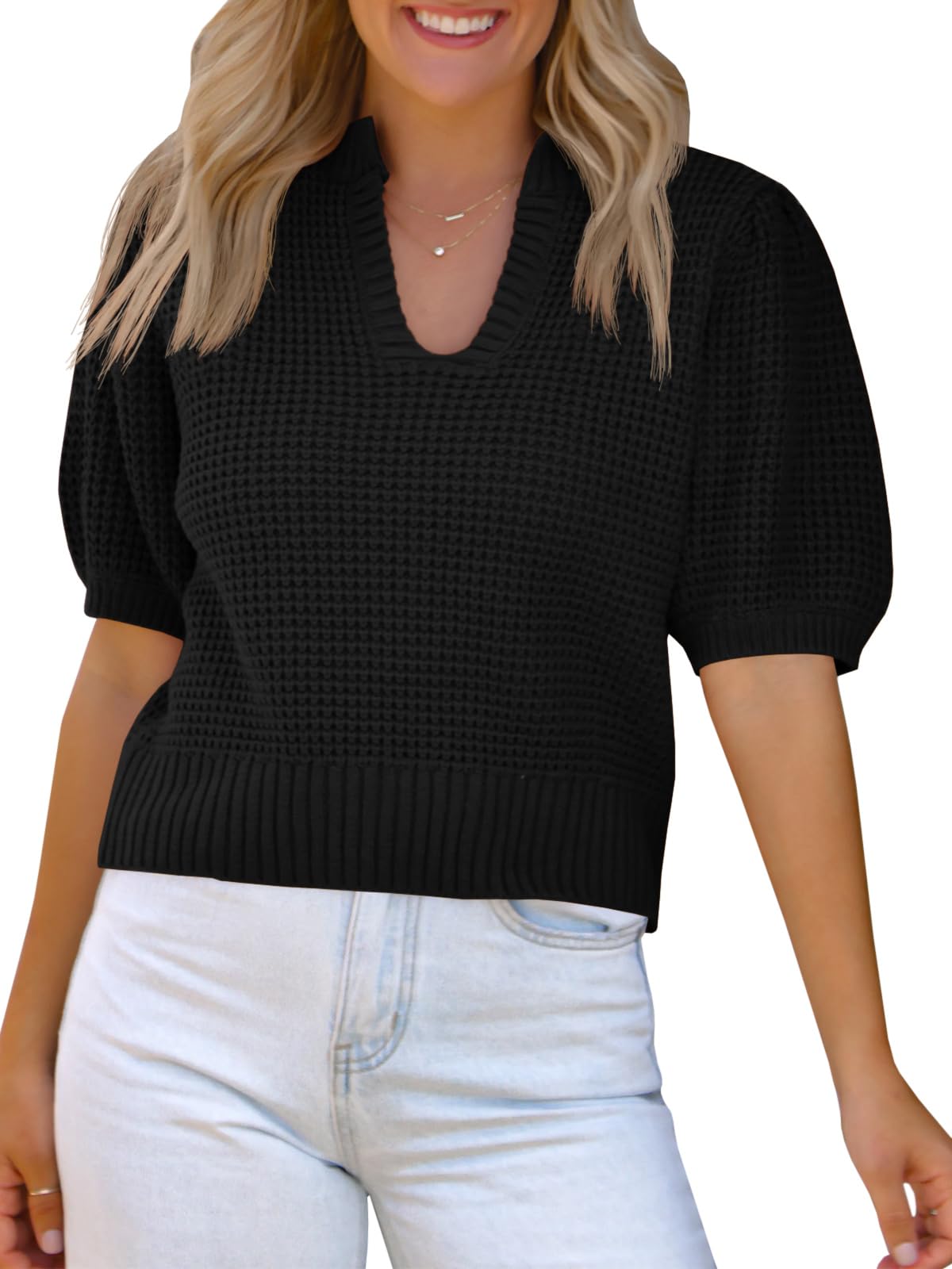 Jersey Saodimallsu Puff De Manga Corta Con Cuello En V Para Mujer - Venta Internacional.