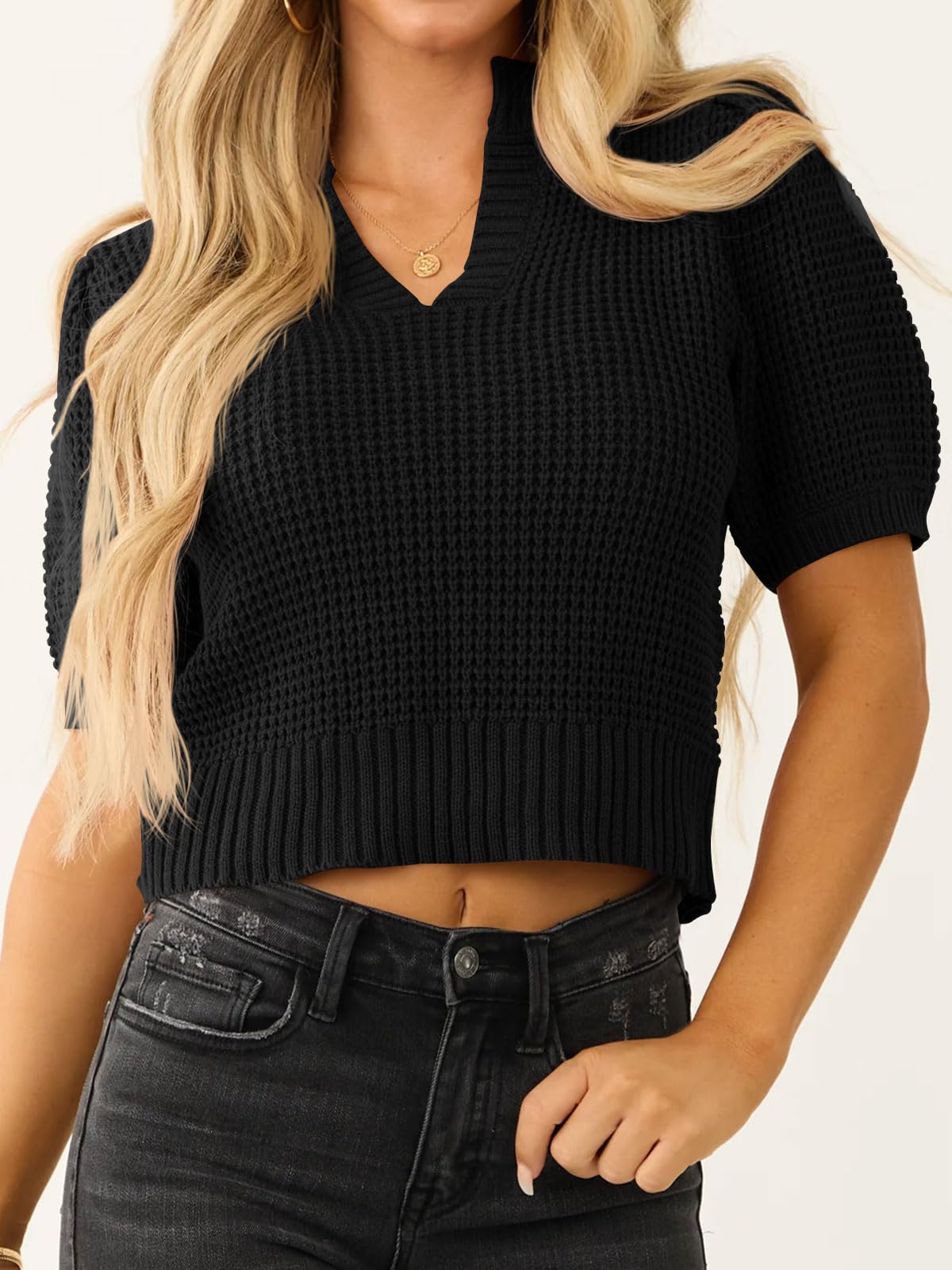Foto 3 pulgar | Jersey Saodimallsu Puff De Manga Corta Con Cuello En V Para Mujer - Venta Internacional.