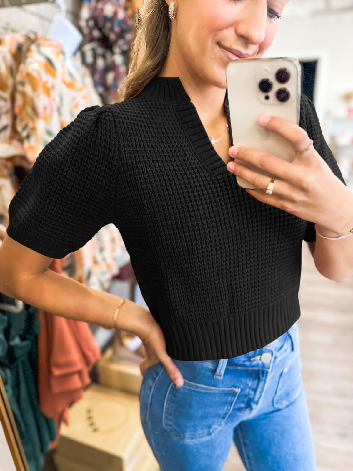 Foto 4 pulgar | Jersey Saodimallsu Puff De Manga Corta Con Cuello En V Para Mujer - Venta Internacional.
