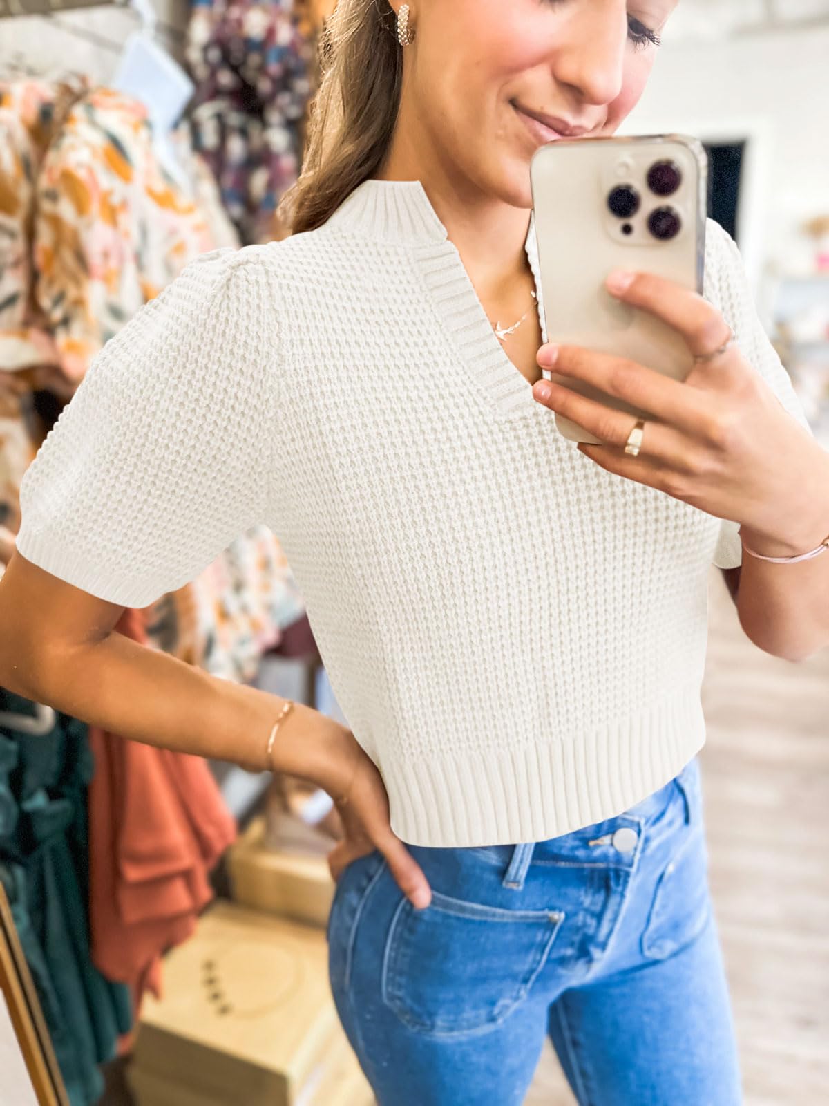Foto 4 pulgar | Jersey Saodimallsu Puff De Manga Corta Con Cuello En V Para Mujer - Venta Internacional.