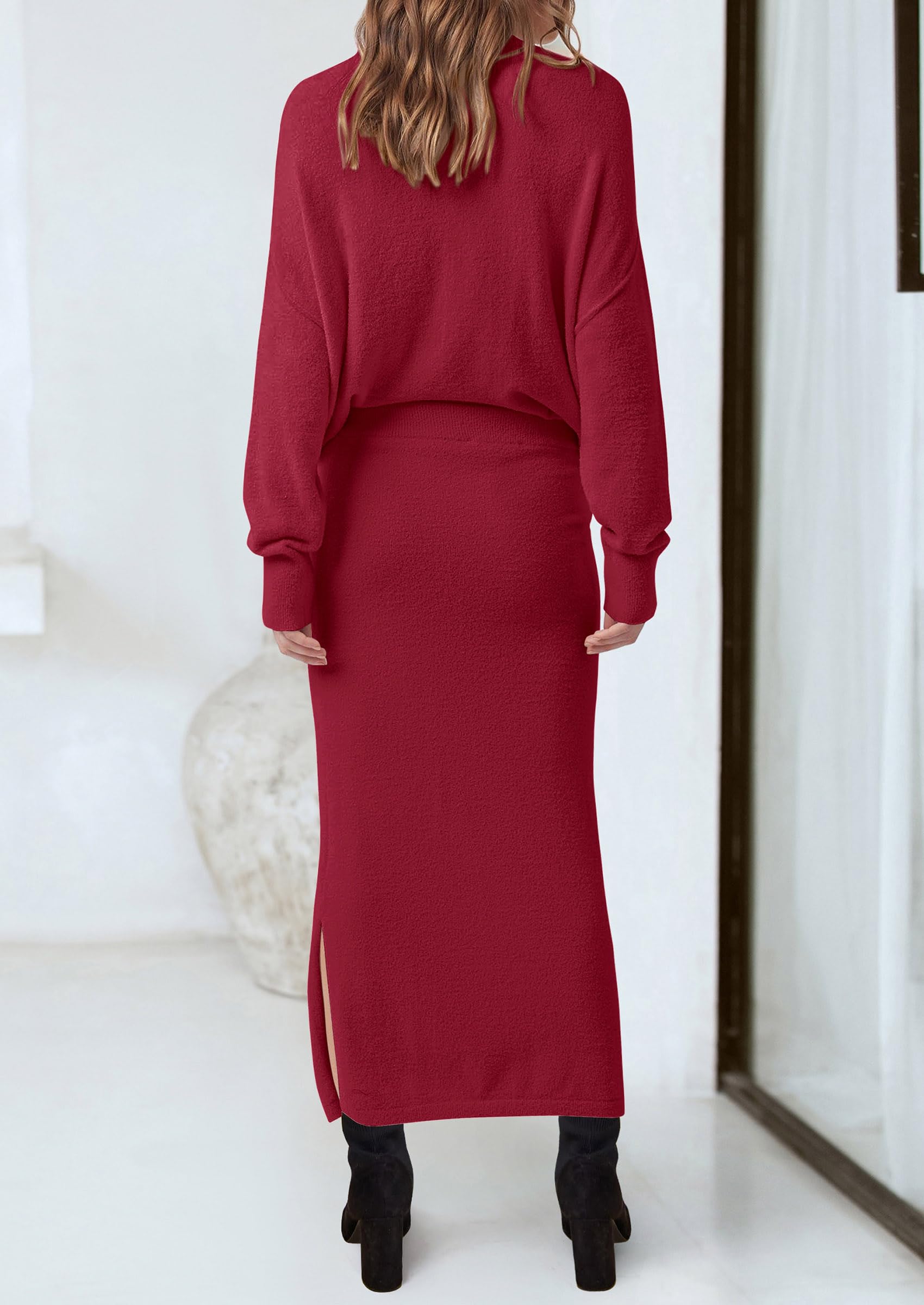 Foto 3 pulgar | Jersey Y Maxi Falda Outfit Prettygarden Para Mujer, Color Rojo Vino - Venta Internacional.