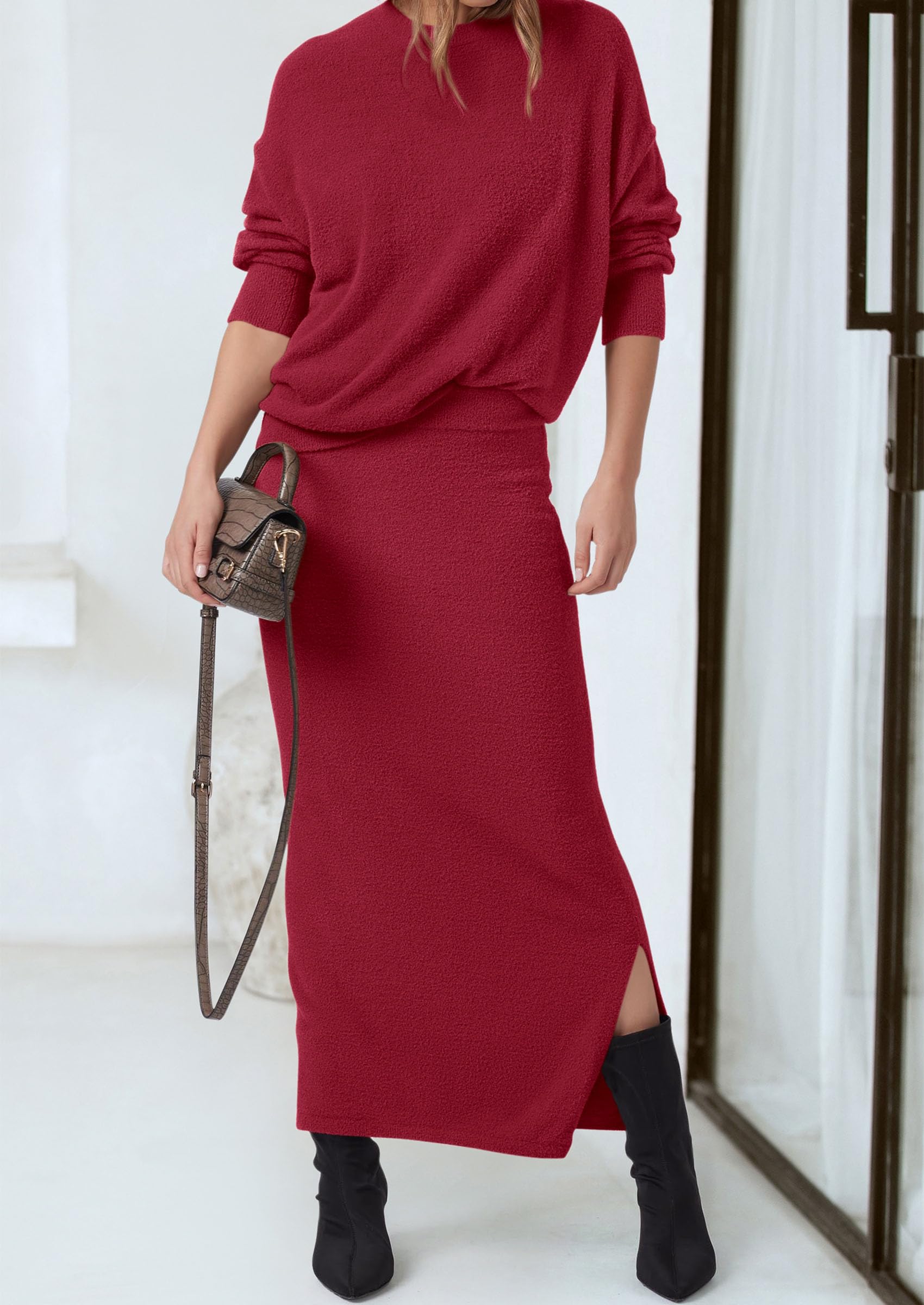Foto 5 pulgar | Jersey Y Maxi Falda Outfit Prettygarden Para Mujer, Color Rojo Vino - Venta Internacional.