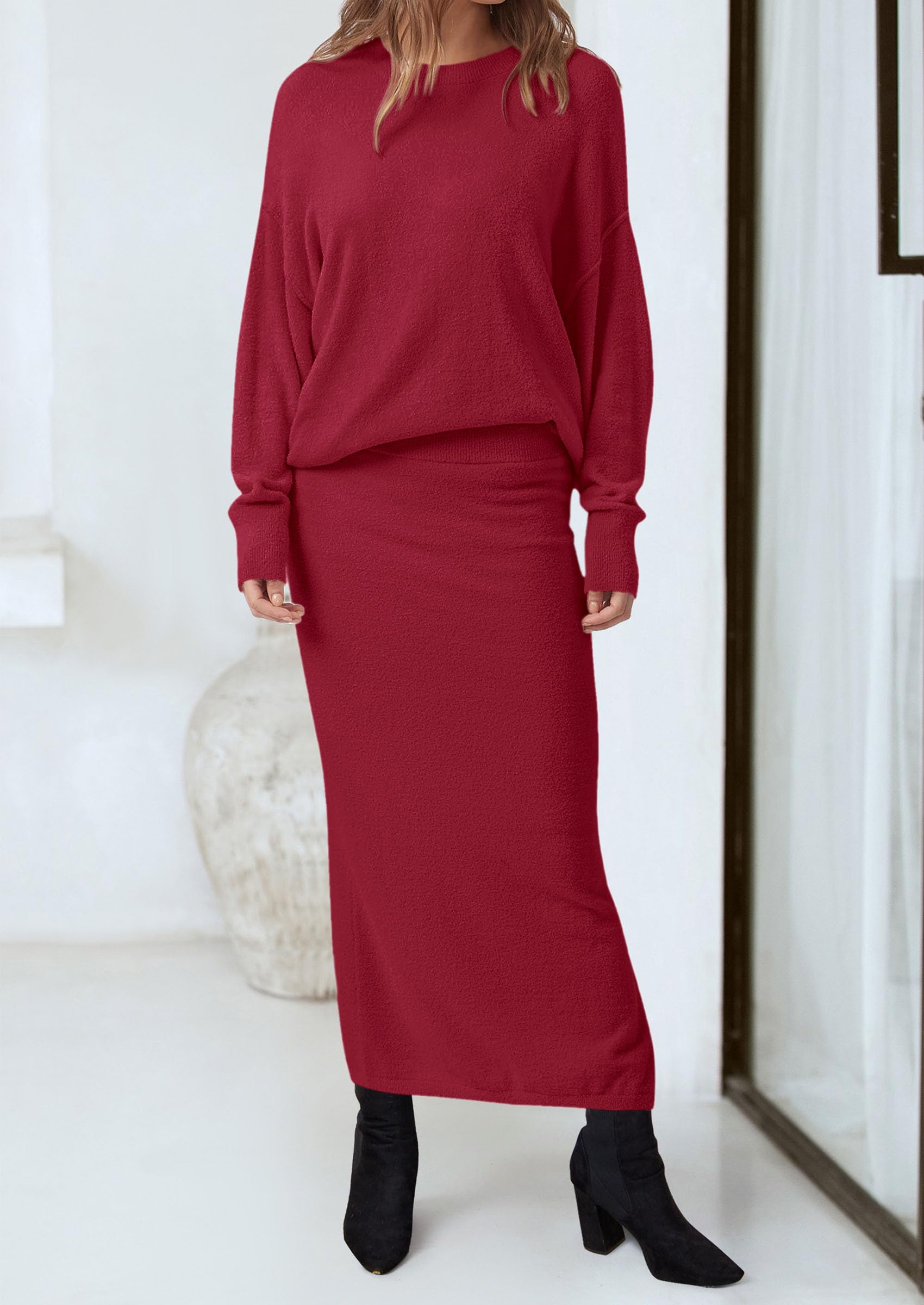 Foto 6 pulgar | Jersey Y Maxi Falda Outfit Prettygarden Para Mujer, Color Rojo Vino - Venta Internacional.