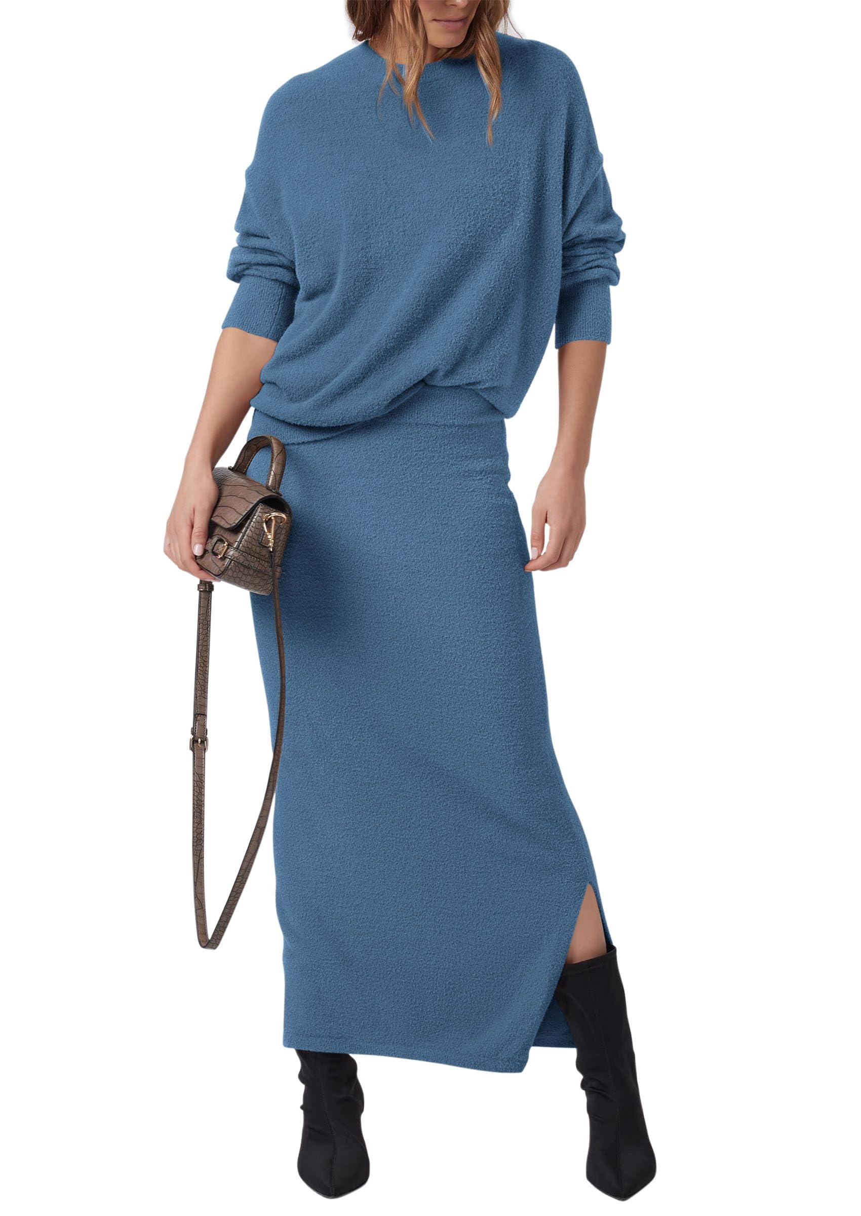 Outfit Prettygarden - Jersey Y Maxi Falda Para Mujer, Color Gris Y Azul - Venta Internacional.
