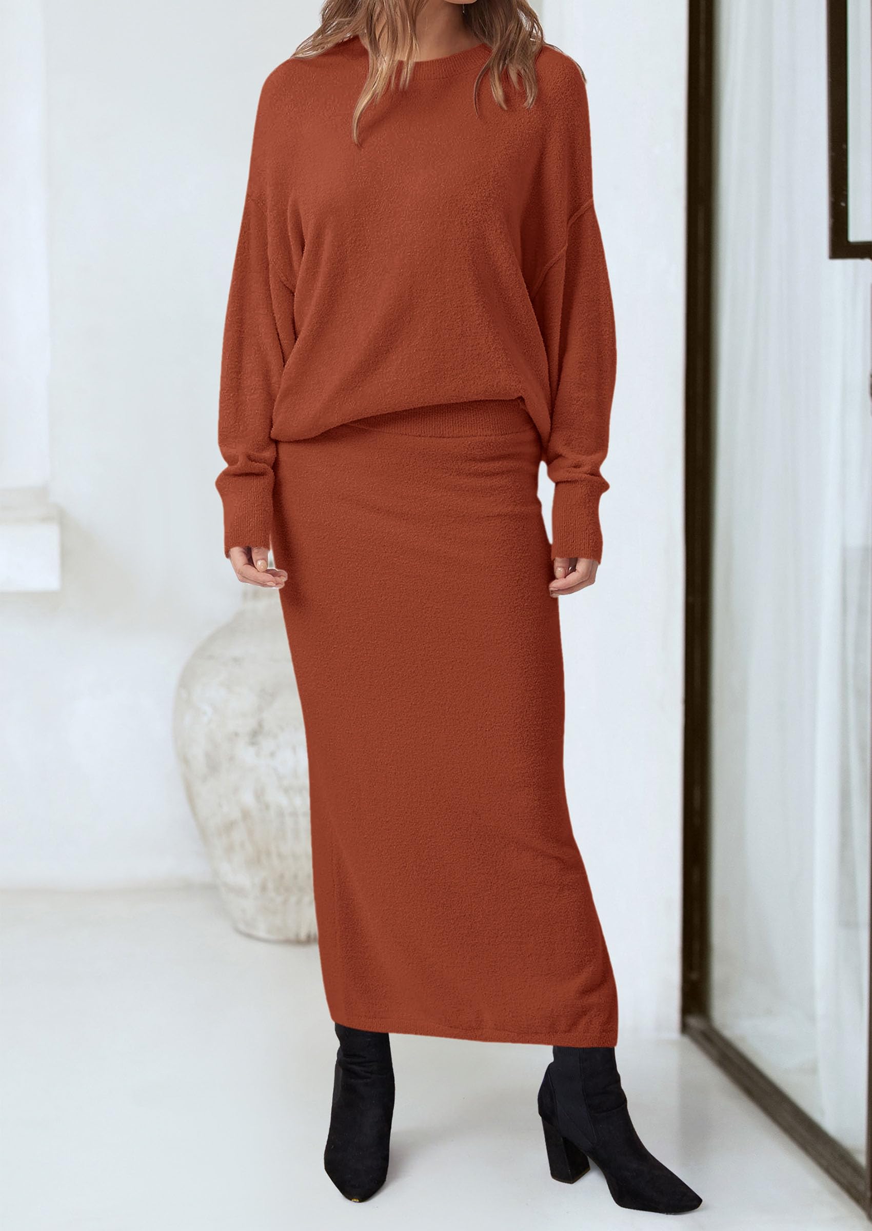 Foto 6 pulgar | Outfit Prettygarden - Jersey Y Maxi Falda Para Mujer, Color Rojo Oxidado - Venta Internacional.