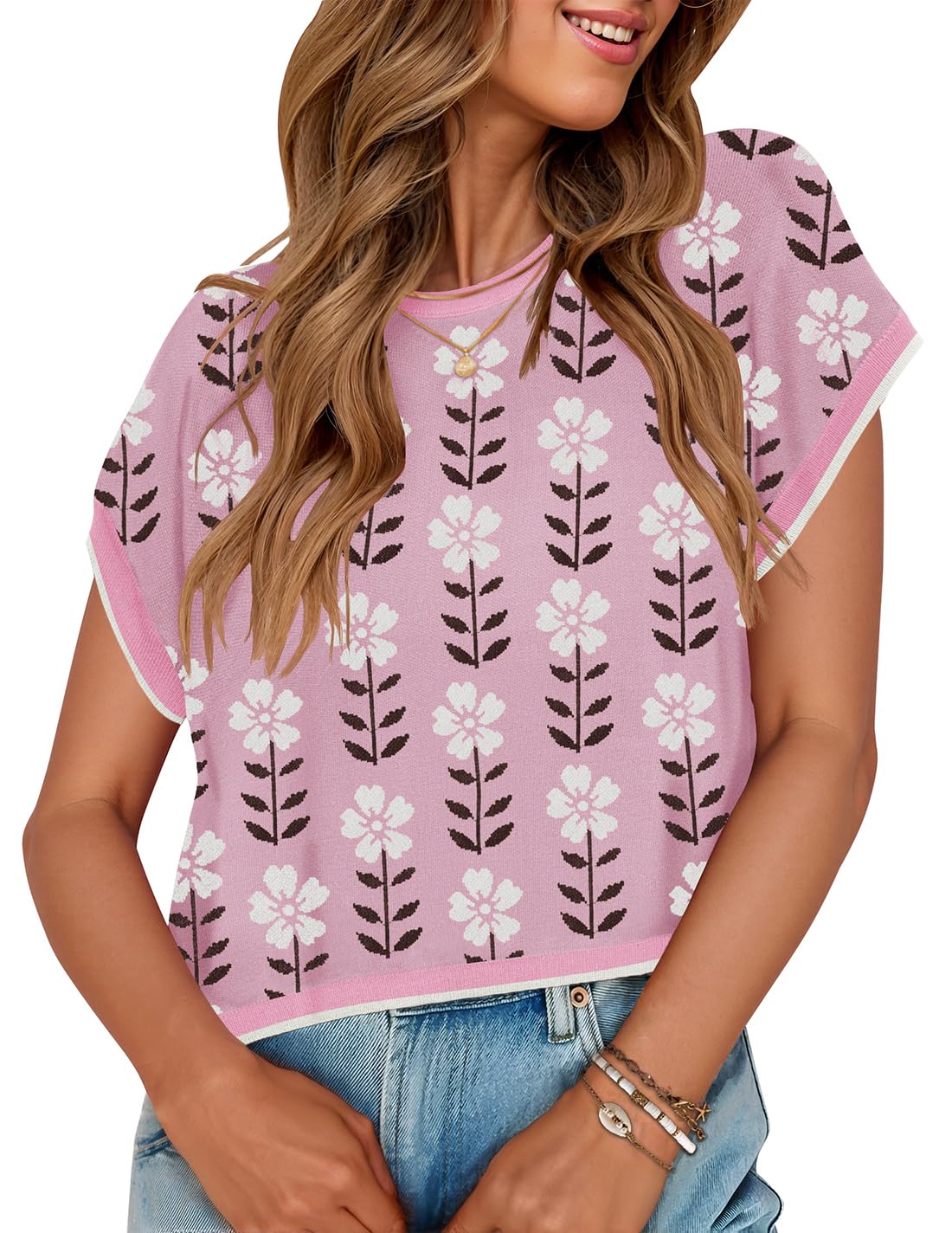 Foto 2 pulgar | Camiseta Zesica Para Mujer, Estampado De Verano, Manga Corta, Cuello Redondo, Rosa - Venta Internacional.