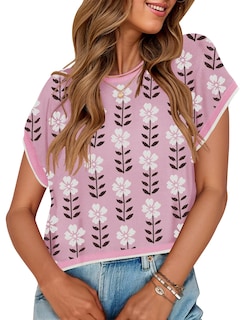 Foto 1 | Camiseta Zesica Para Mujer, Estampado De Verano, Manga Corta, Cuello Redondo, Rosa - Venta Internacional.