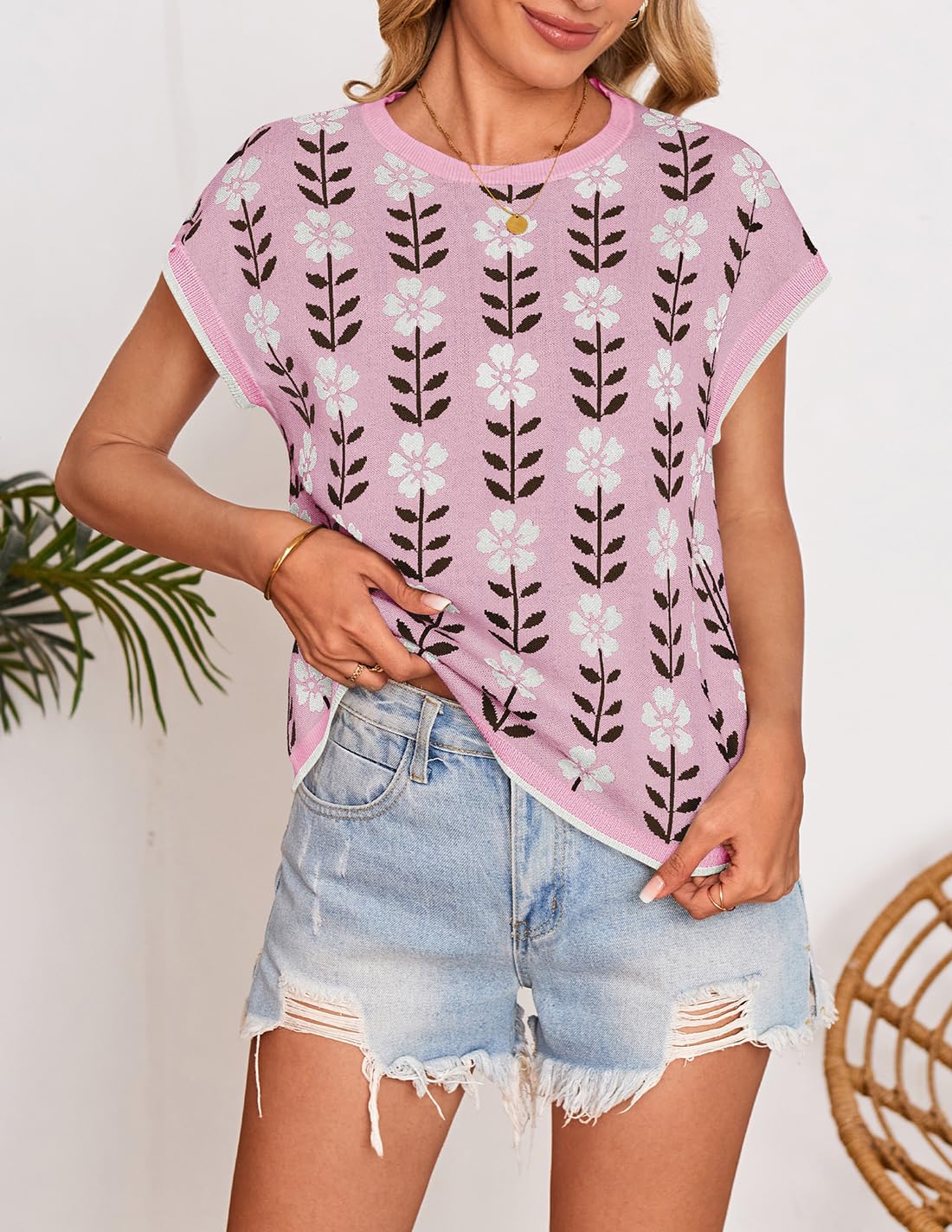 Foto 4 pulgar | Camiseta Zesica Para Mujer, Estampado De Verano, Manga Corta, Cuello Redondo, Rosa - Venta Internacional.
